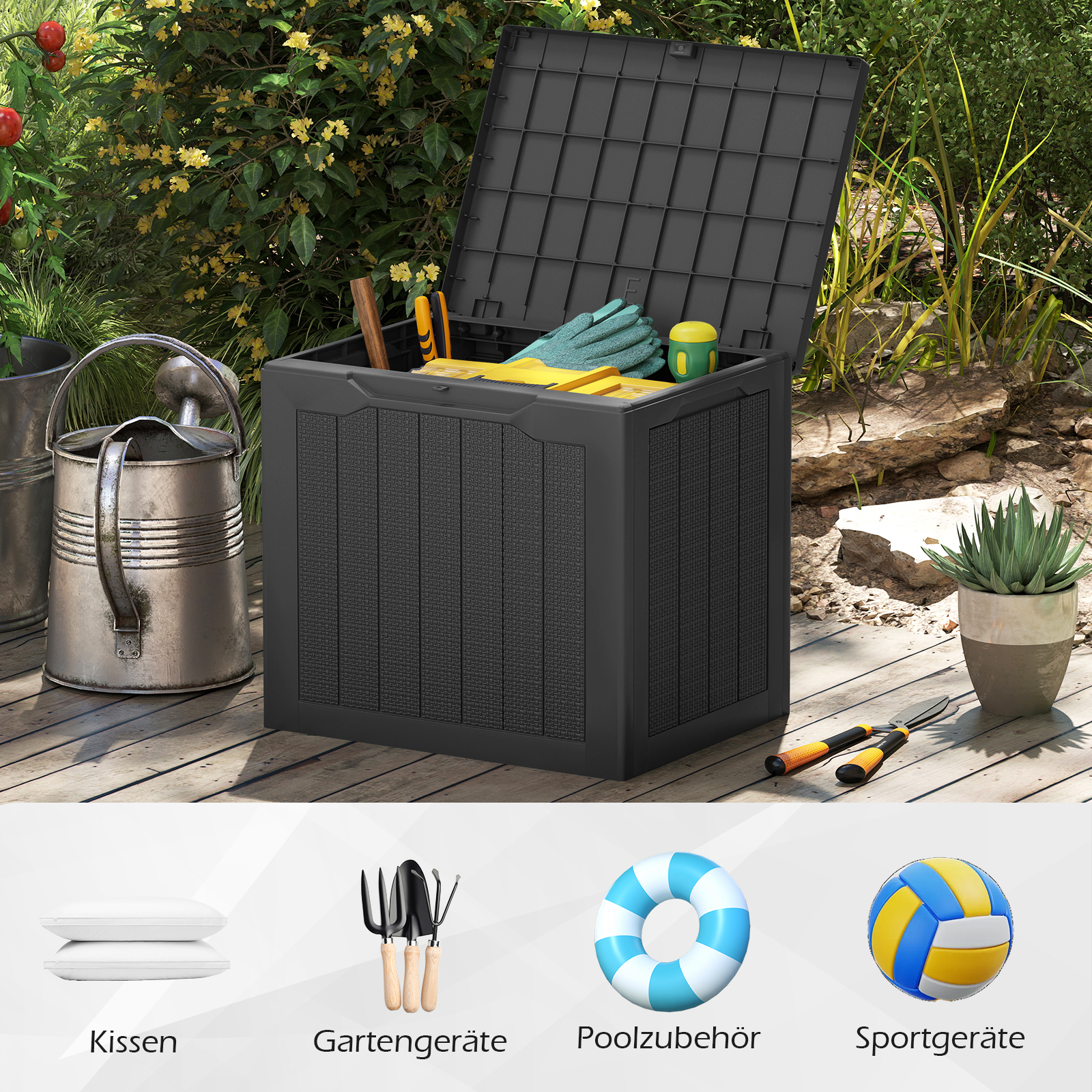 Välikasutuse hoiukast 96 l lukustatava kaanega ja punutud rotangist välimusega must