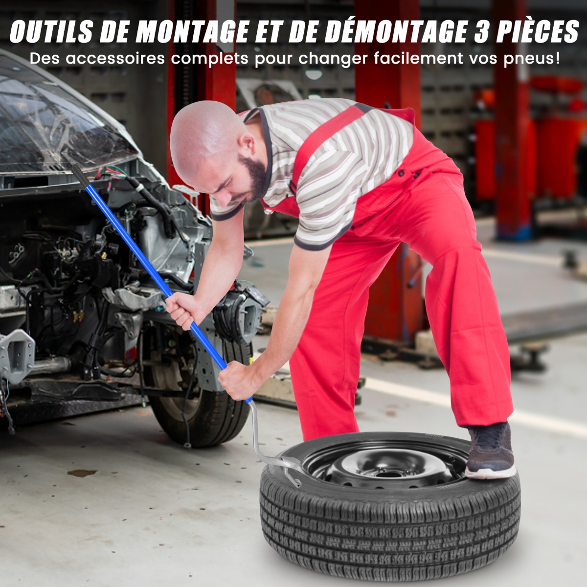 3-osaline rehvivahetustööriist terasest randihoidikuga, sinine