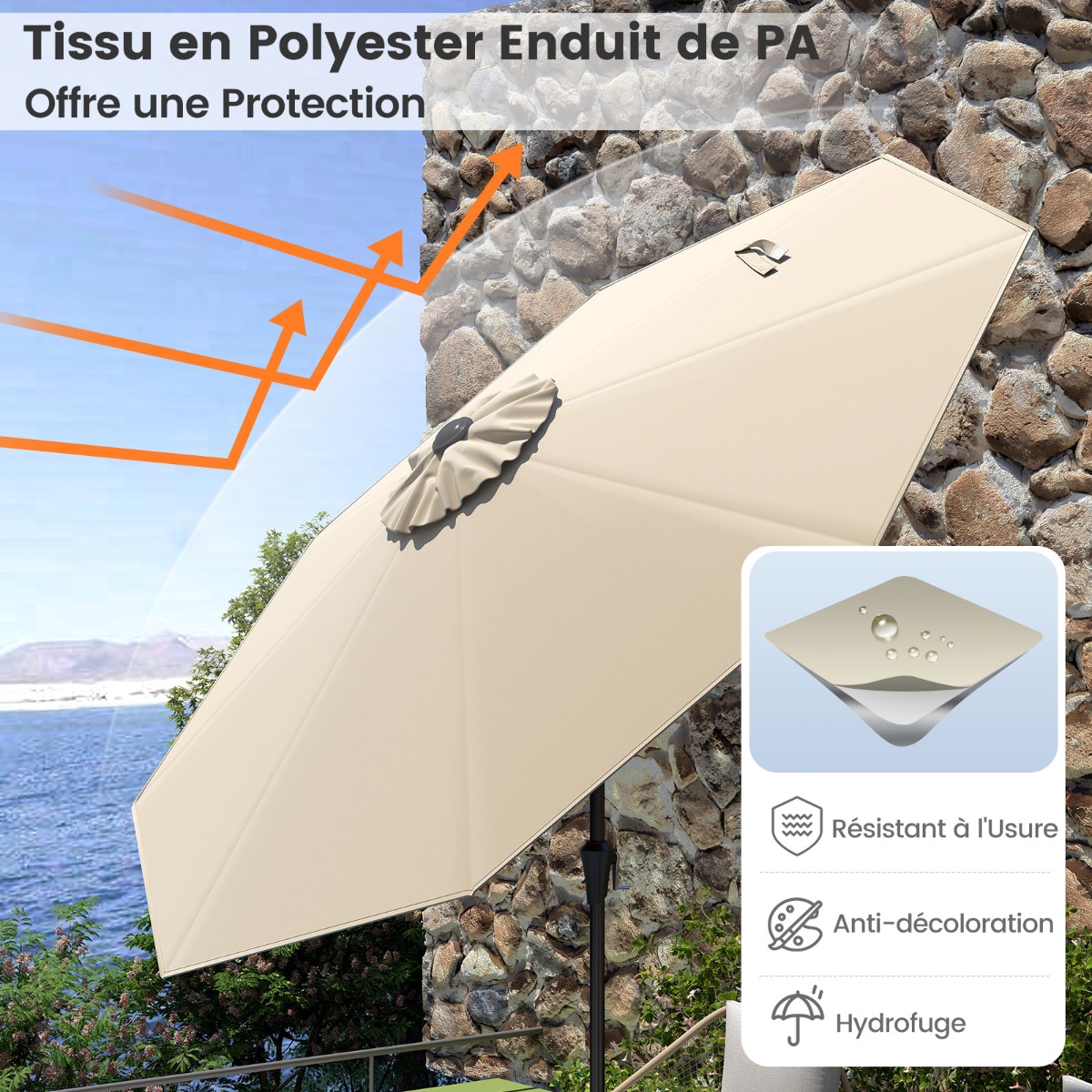 Nupust kallutatava pea ja vändaga suur aia- ja terrassipäikesevari (diameeter 270 cm) beež