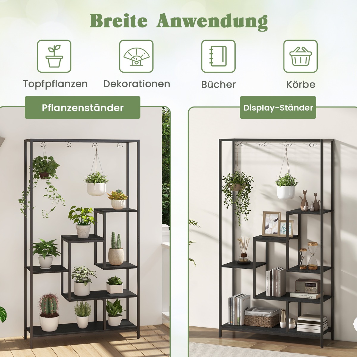 Must taimealus 6-korruseline 180 cm metallist taimeriiul 10 S-konksuga