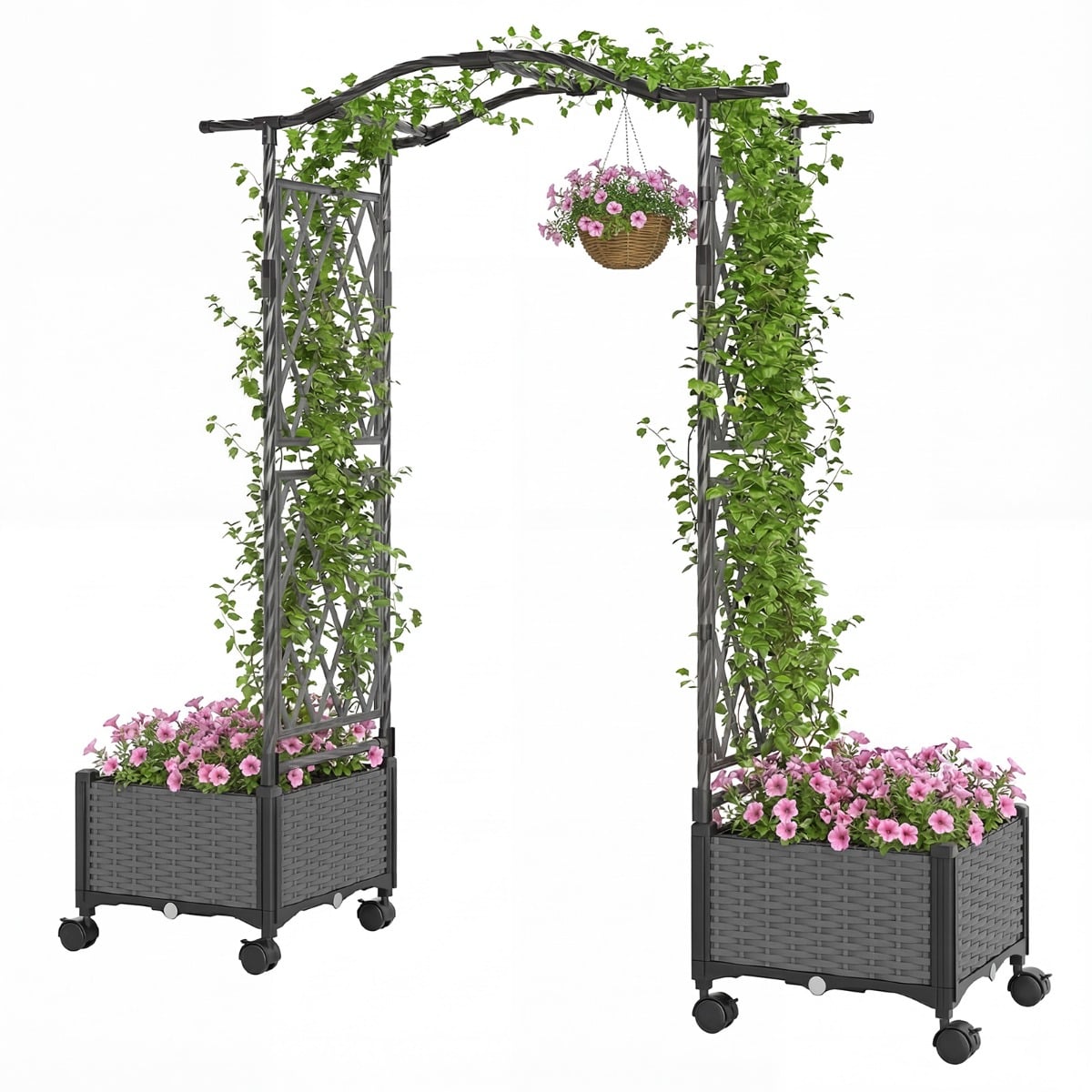 Lillekast võre ja rippkatusega, kõrgpeenar lukustatavatel ratastel, hall, 153 x 40 x 147 cm