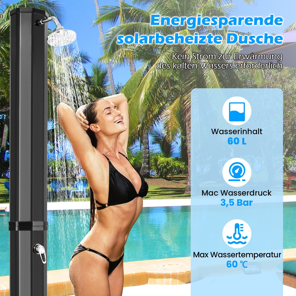 Päikesedu 60 liitrit aiadu koos kaitsekotiga 227 cm kuni 60c basseinidu pööratava duiotsikuga must