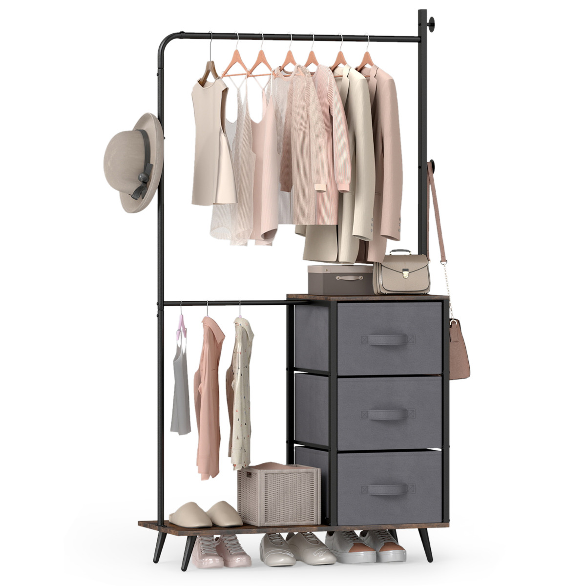 Riidepuu kahe rõngaga 2 riiuli, 3 konksu ja 3 sahtliga