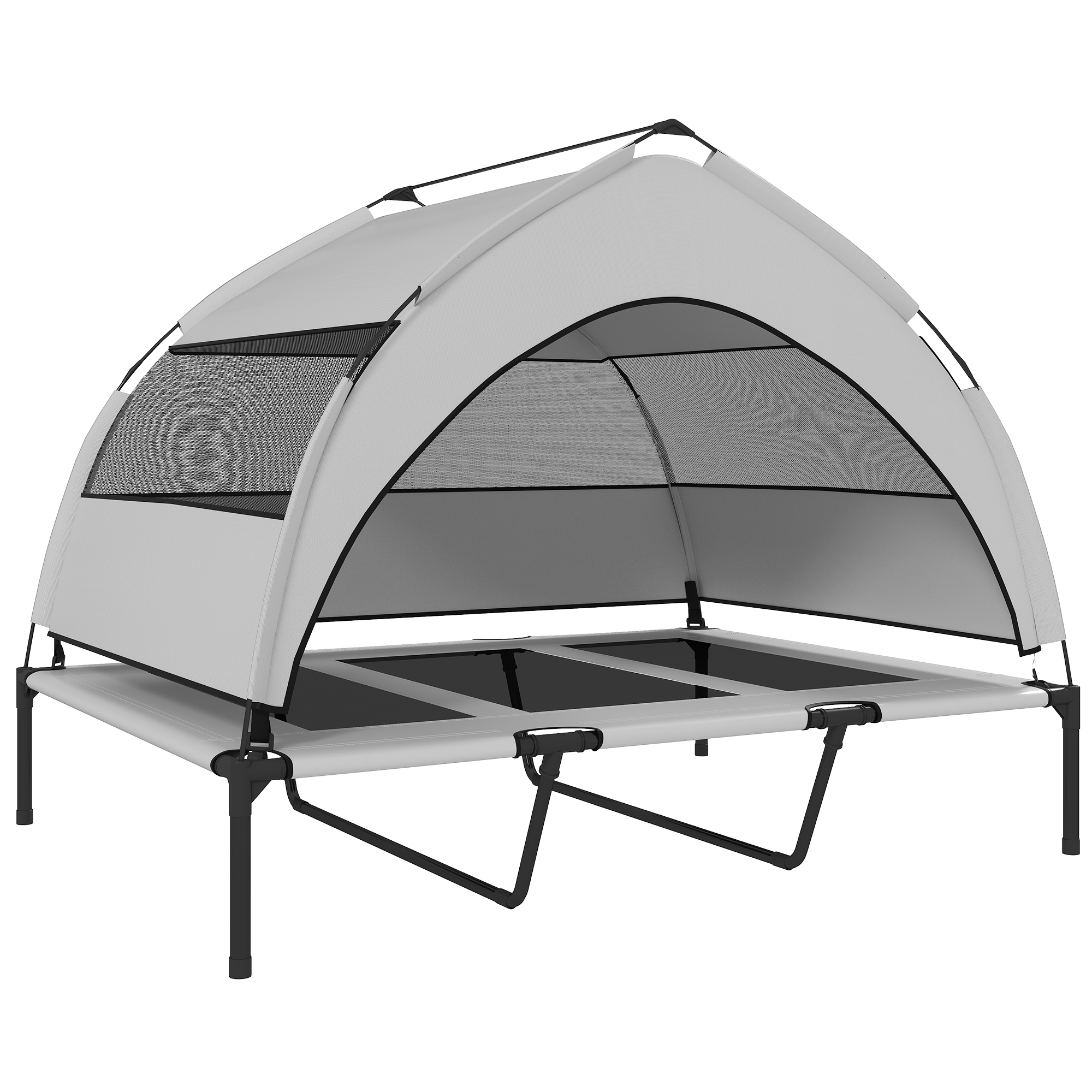 Välikoeravoodi katusega, kõrgendatud koeravoodi eriti suurtele koertele, terasraamiga, 122x92x94cm, helehall