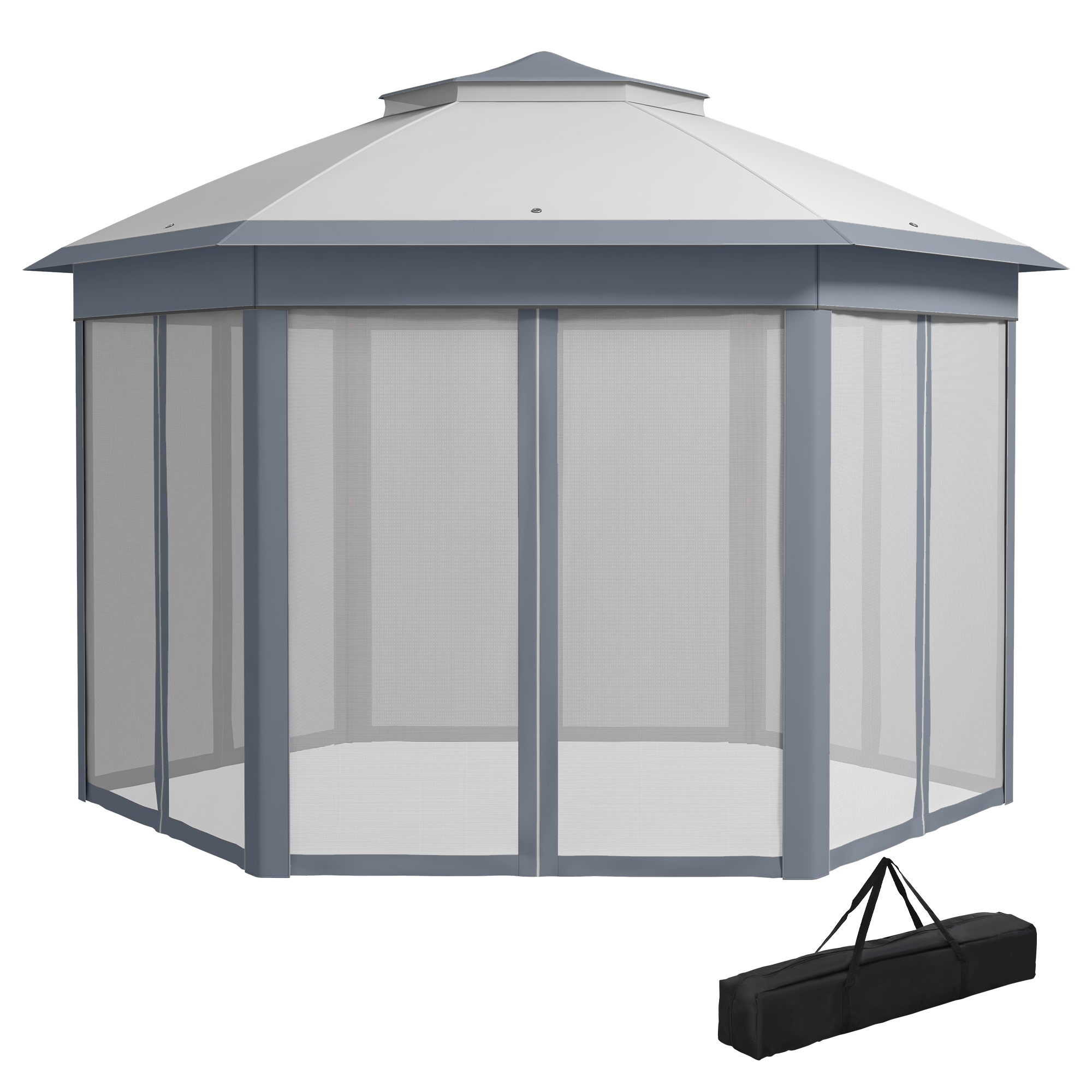 Kokkupandav paviljon 4 x 4 m, kuusnurkne disain, võrkkardinad, vetthülgav, ventileeritav katus, hall+valge