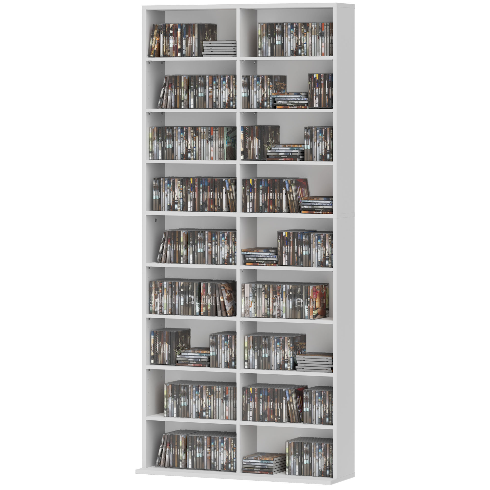 DVD-riiul, CD-riiul, 14 reguleeritavat riiulit, 18 sektsiooni, 175 cm, Blu-ray-riiul, puitlaastplaat, valge