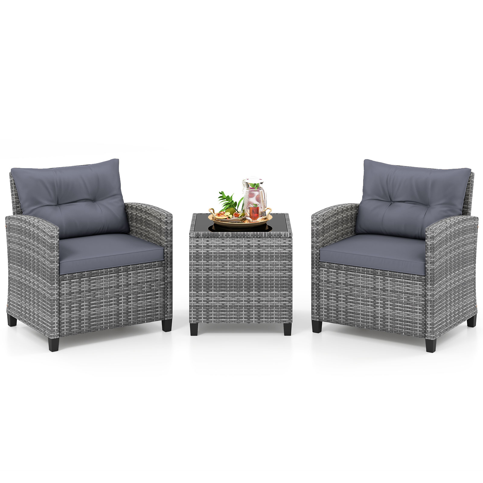 Rotangist aiamööblikomplekt, 3-osaline rõdumööbel 2 tugitooli ja turvaklaasist lauaplaadiga, hall