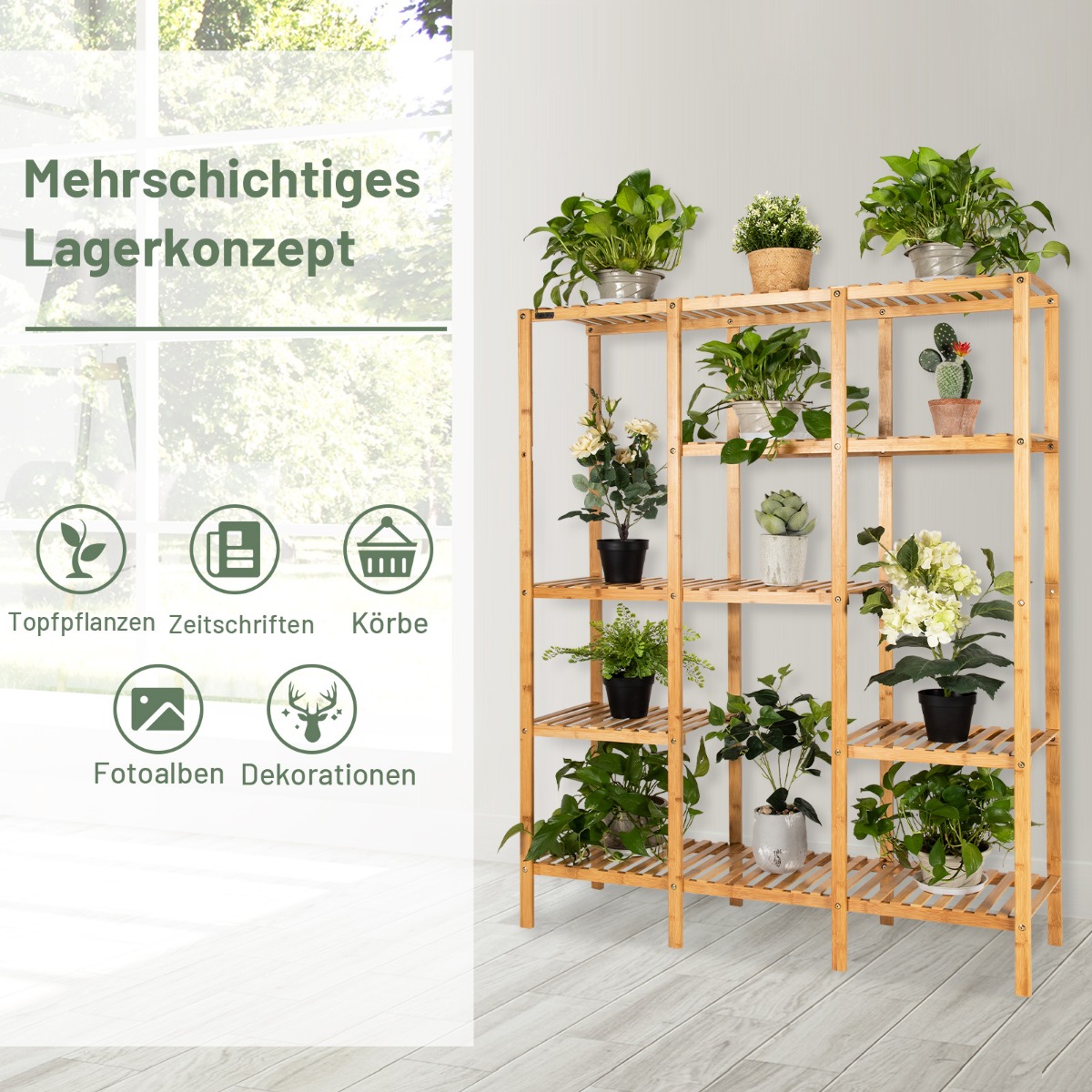 Bambusest taimealus 5 tasandiga lillede riiul taimehoidik riputusraamiga 114 x 31 x 141 cm naturaalne