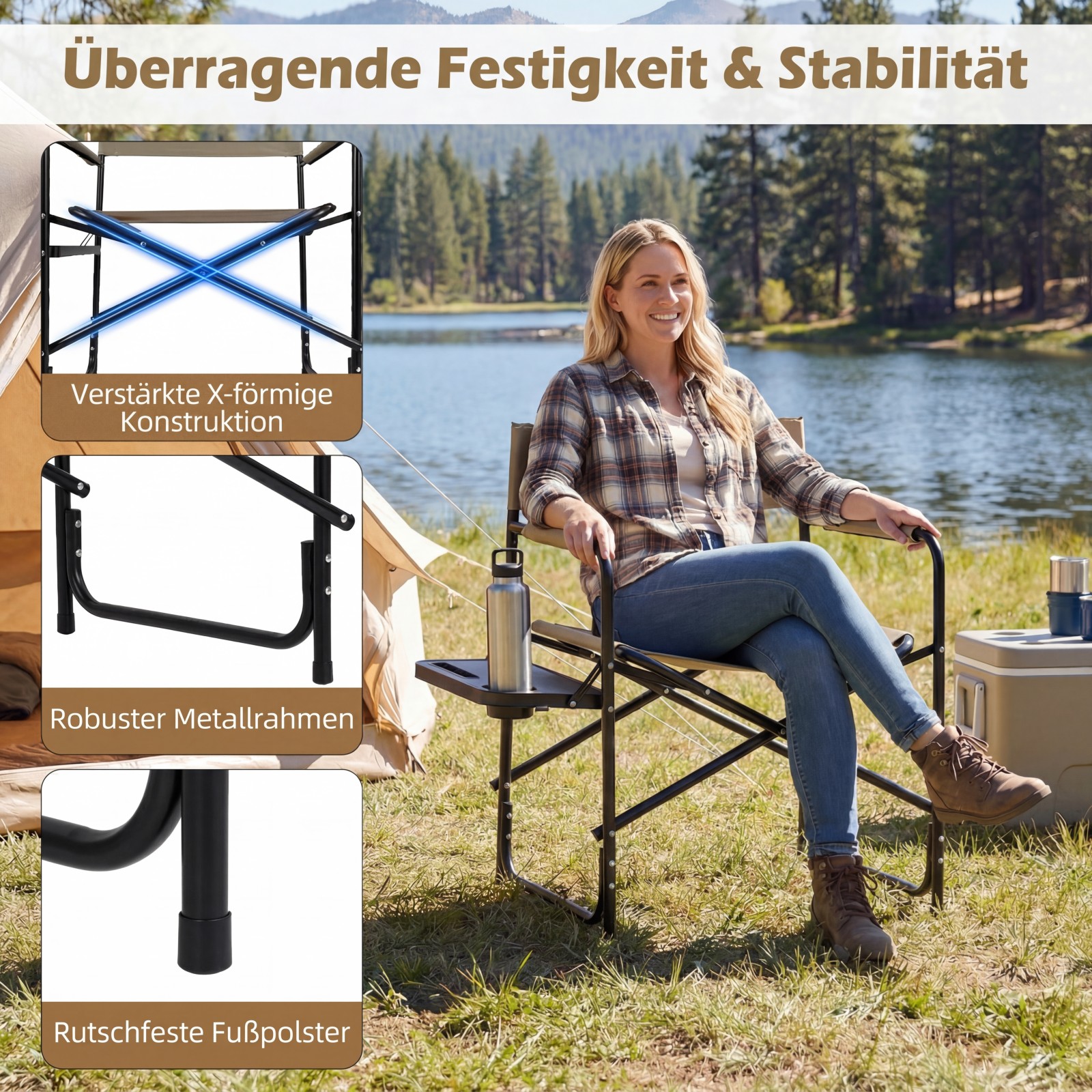 Integreeritud külglaua topsihoidja ja hoiutaskuga kokkupandav režissööritool ning matkatool (kandevõime kuni 150 kg)