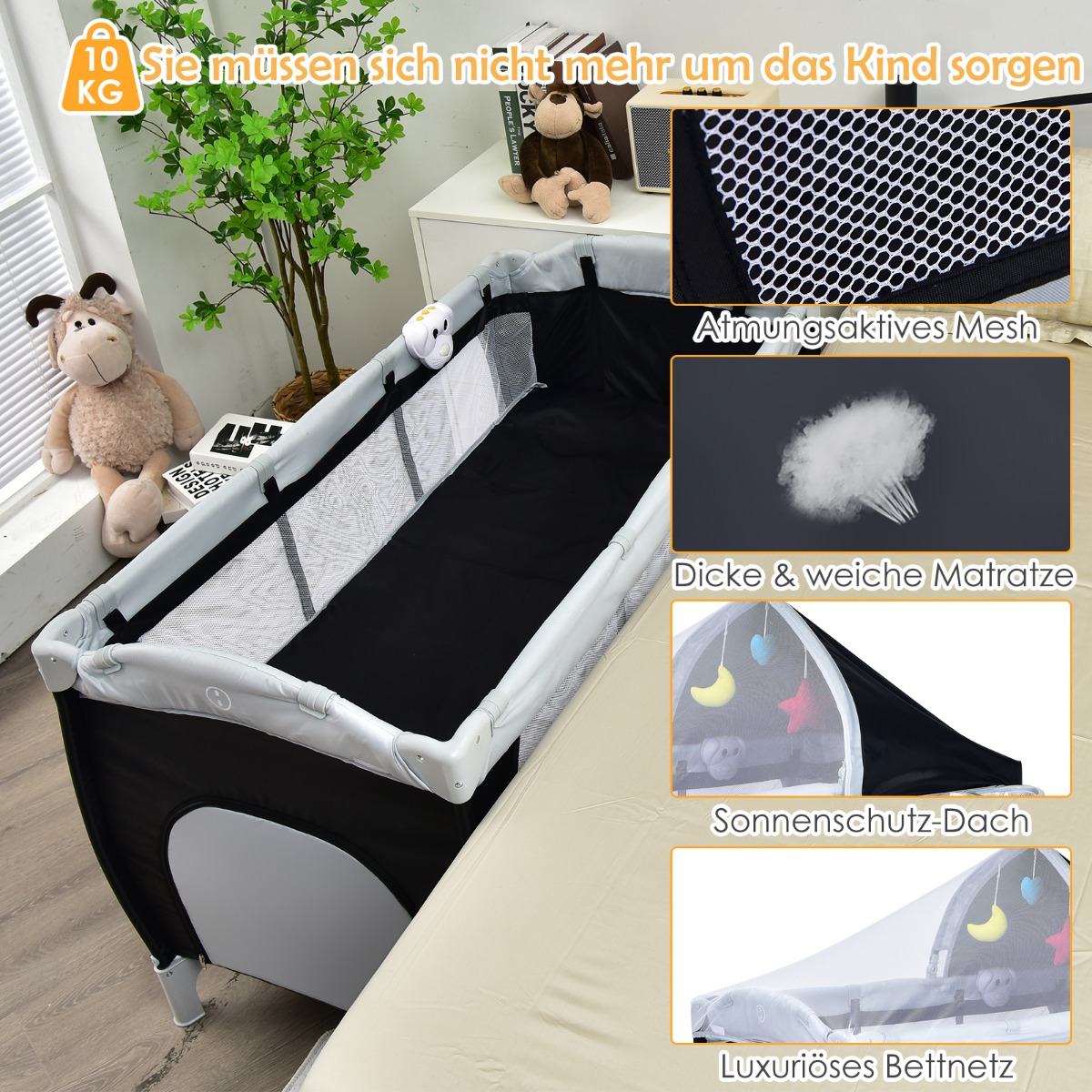 Reisivoodi ja mänguaedik koti ja sääsevõrguga - must