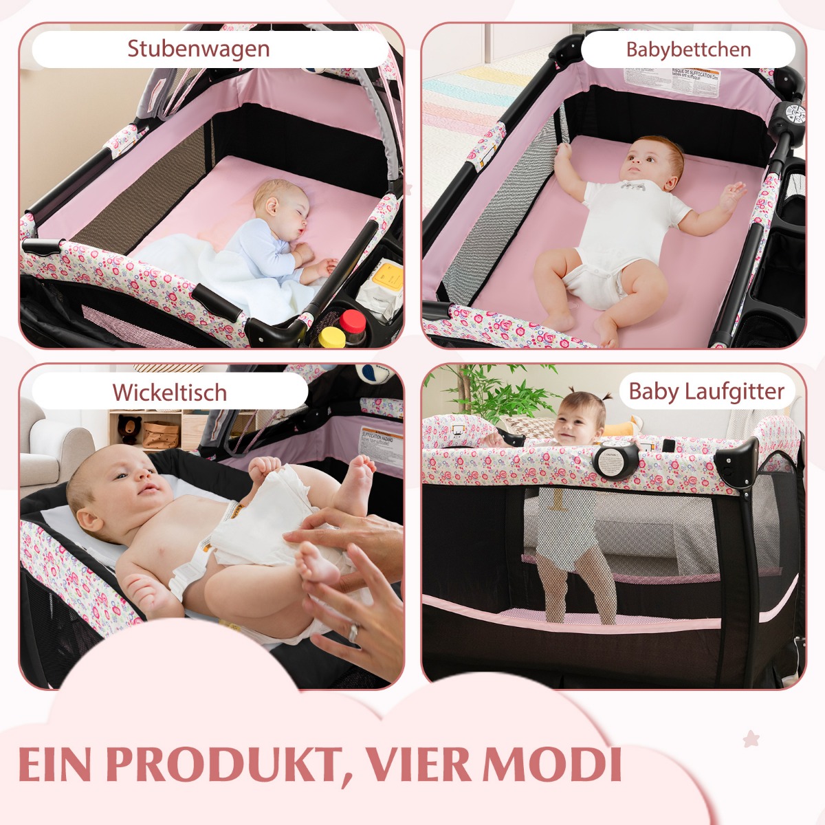 4-ühes reisivoodi madratsiga kokkupandav lisavoodi reguleeritava varikatusega roosad lilled