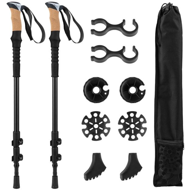 7075 alumiiniumist matkakepid, sissetõmmatavad paar EVA käepidemetega, lukustussüsteem inimestele pikkusega 1,32–1,93 m, mustad