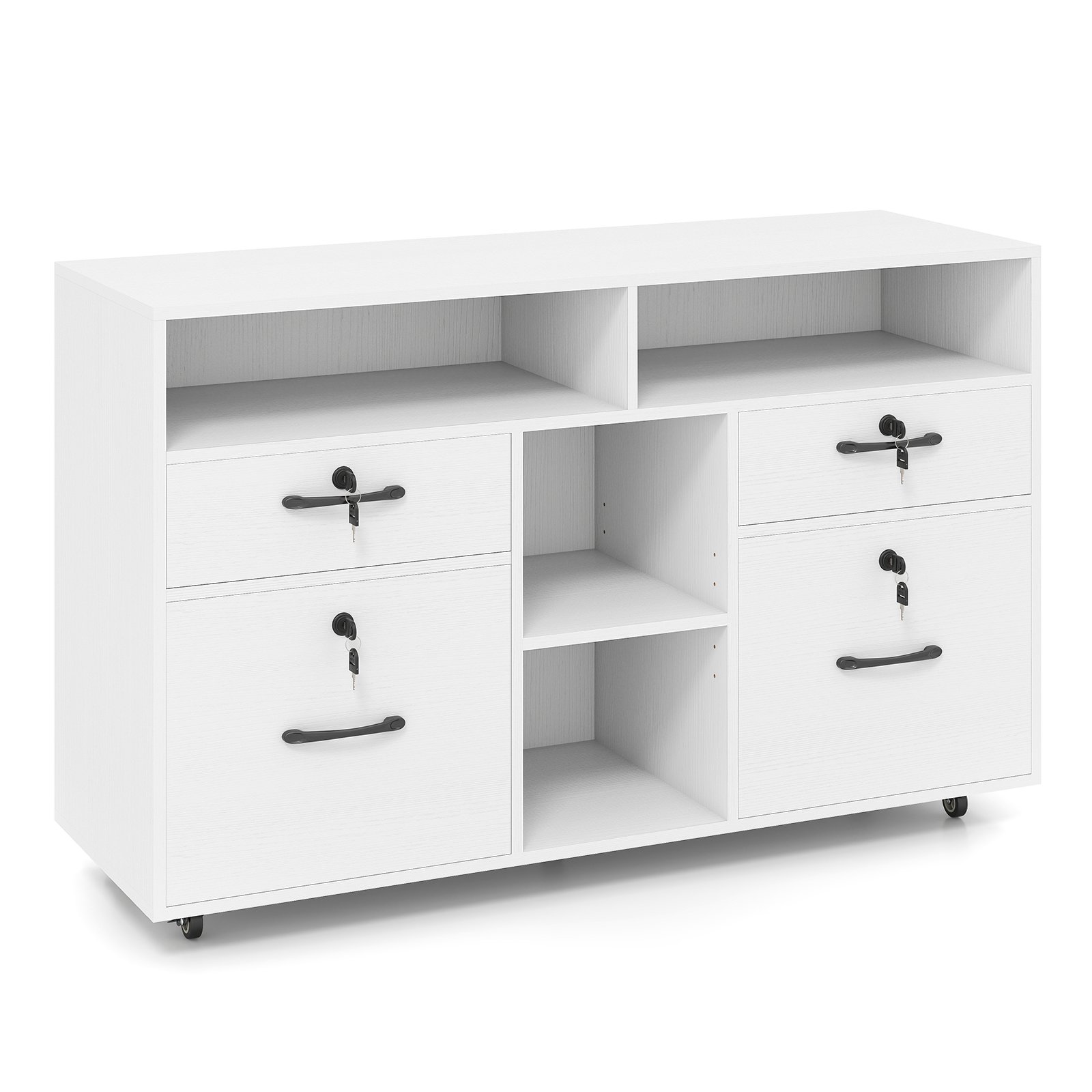 Nelja sahtli, avatud lahtrite ja reguleeritava riiuliga lukustatav ratastel kontorikapp ning liikuv failikapp, valge
