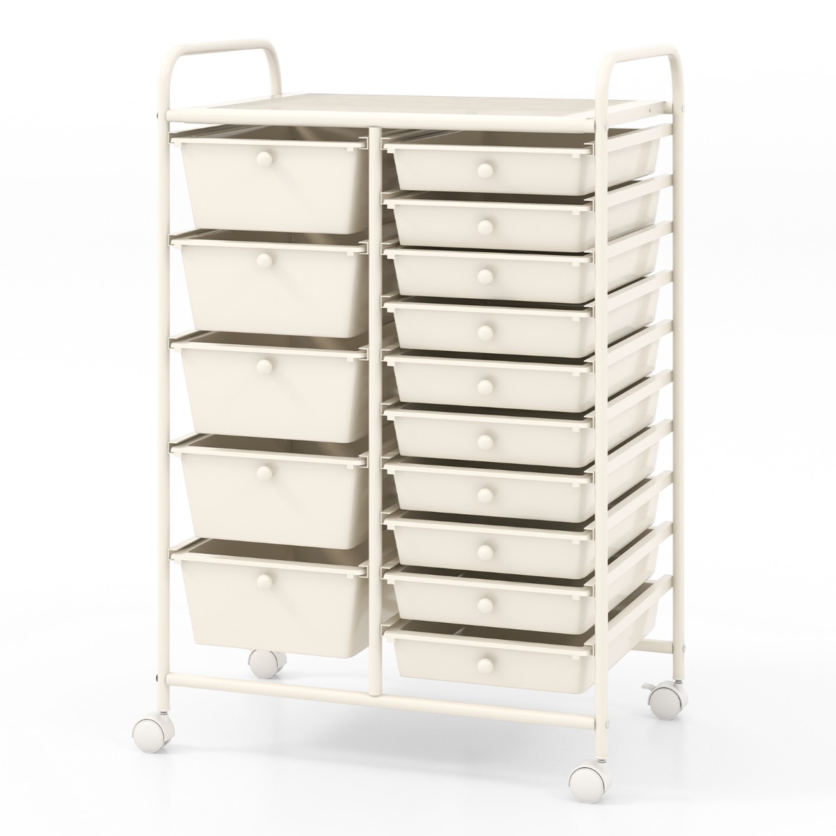 Riiulitega rullikapp 15 virnastatava sahtliga metallraamiga valge sahtlikapp