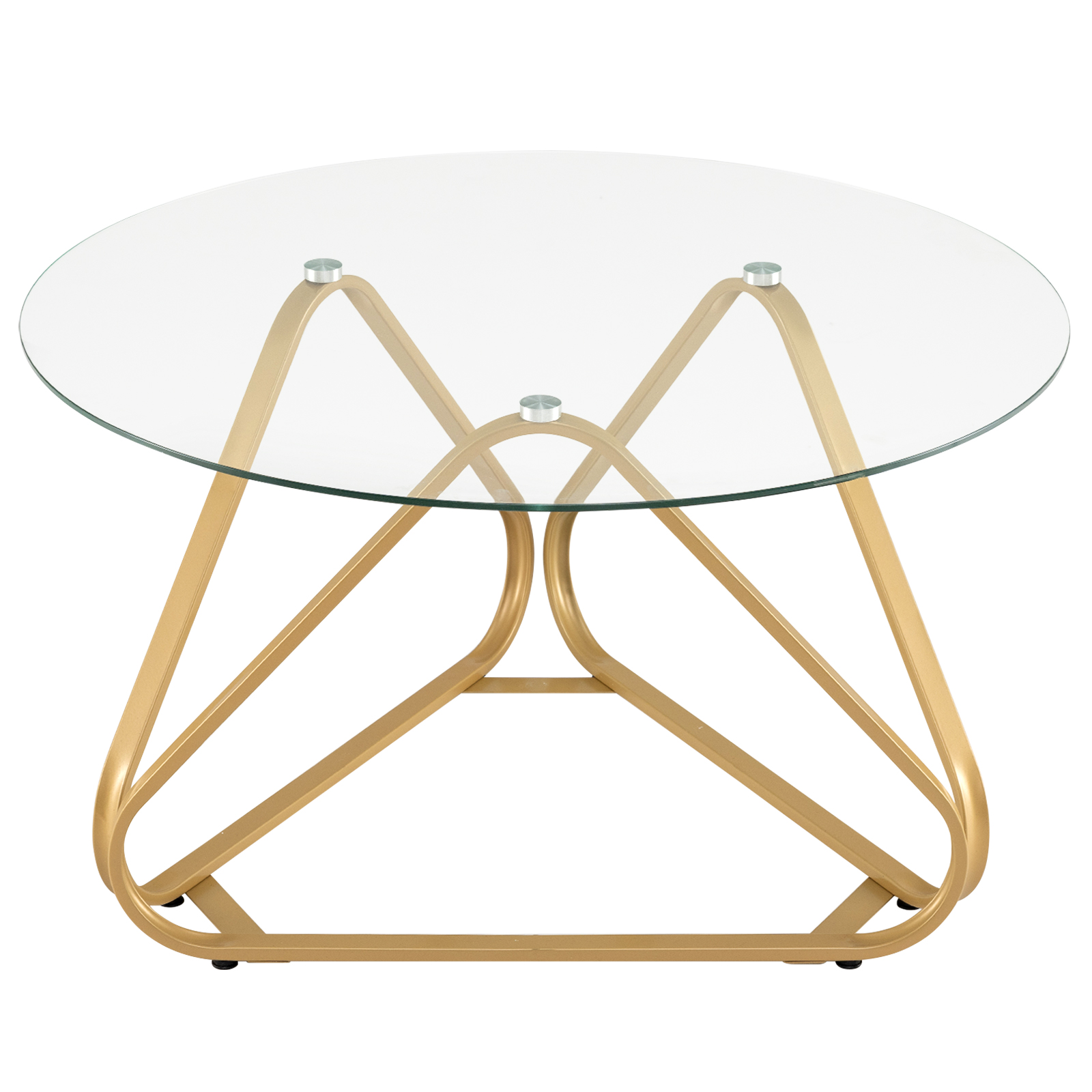 Ümmargune kohvilaud karastatud klaasist ja metallraamiga. Moodne klaasist abilaud, kuldne.