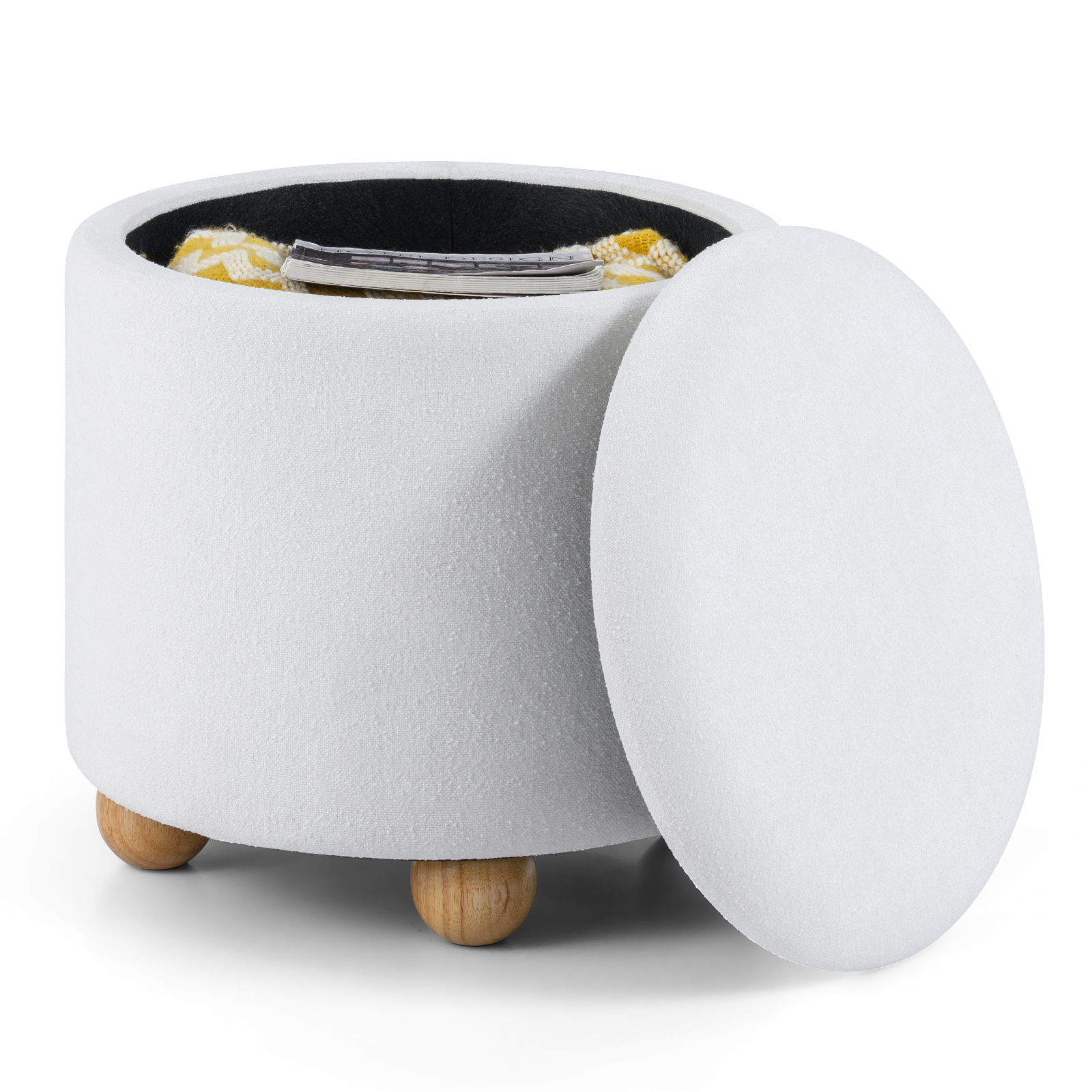 Ümmargune taburet eemaldatava kaane ja puidust jalgadega, tualettlaud, polsterdatud taburet, valge