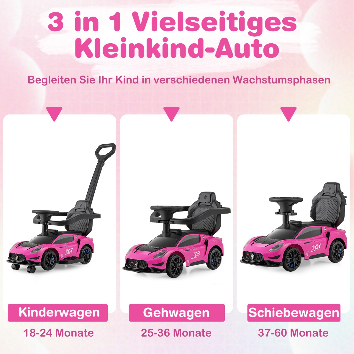 Maserati lükatav auto kaitseraua ja lükkesangaga roosa