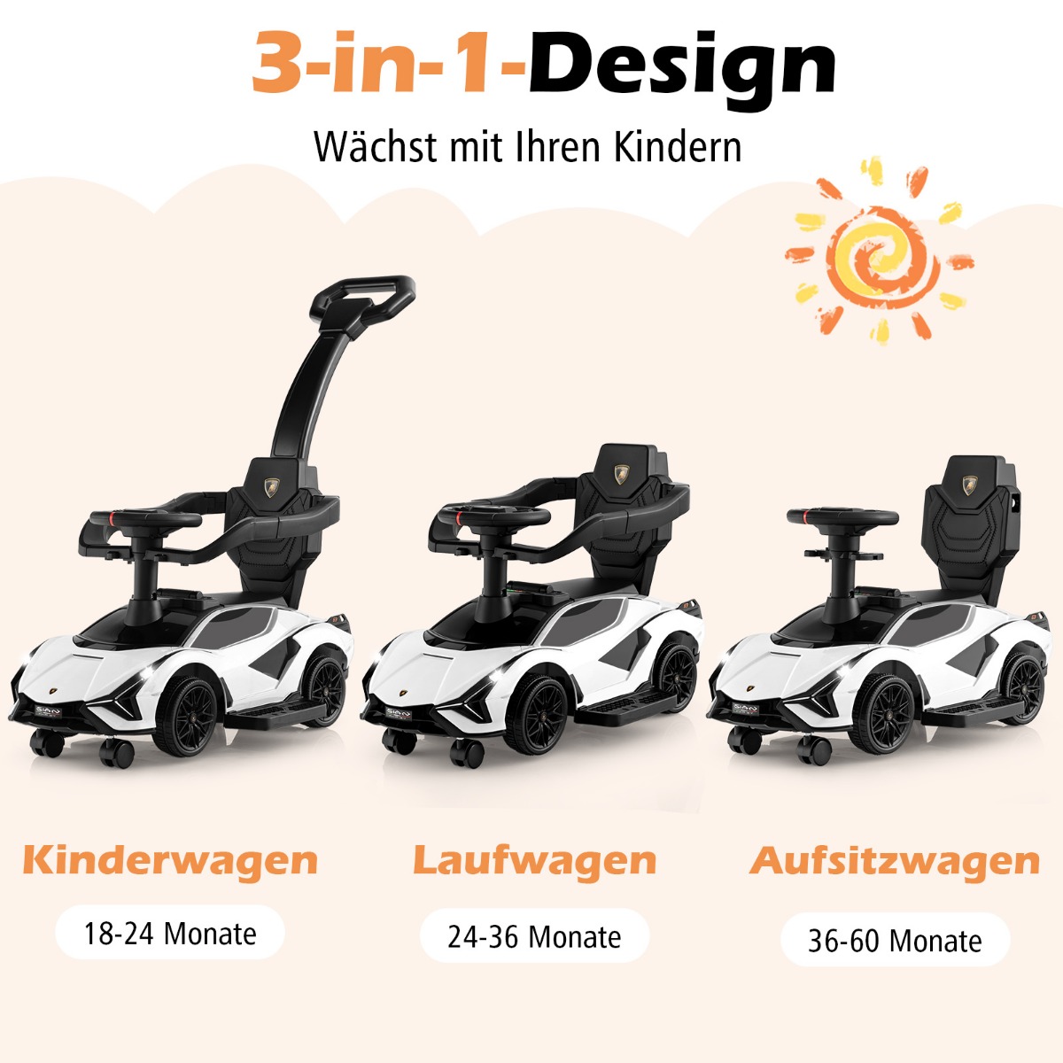 3-ühes lamborghini lükatav auto esitulede muusika ja panipaigaga valge