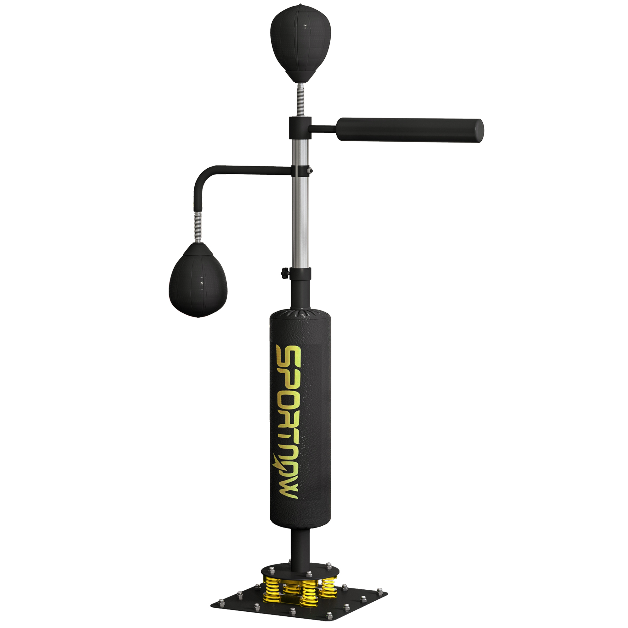 SPORTNOW poksiseade, kaks kiirustpalli, pöörlev poksilatt, löögipadi, kõrguse reguleerimisega, teras, 107 x 36 x 140–205 cm, must
