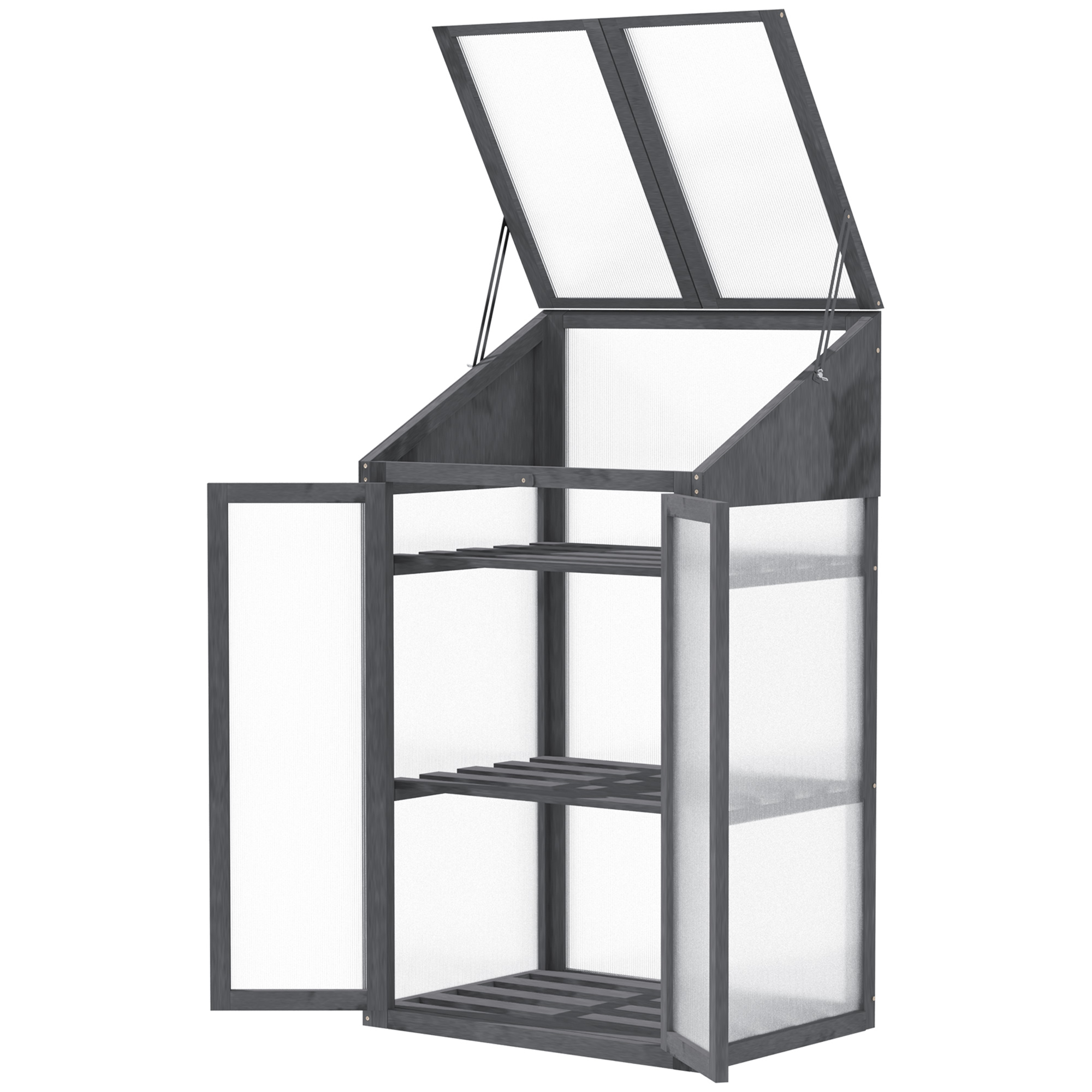 Minikasvuhoone, väike puitraamiga kasvuhoone akna ja topeltuksega, 3 riiulit, 70P x 50L x 120K cm, hall