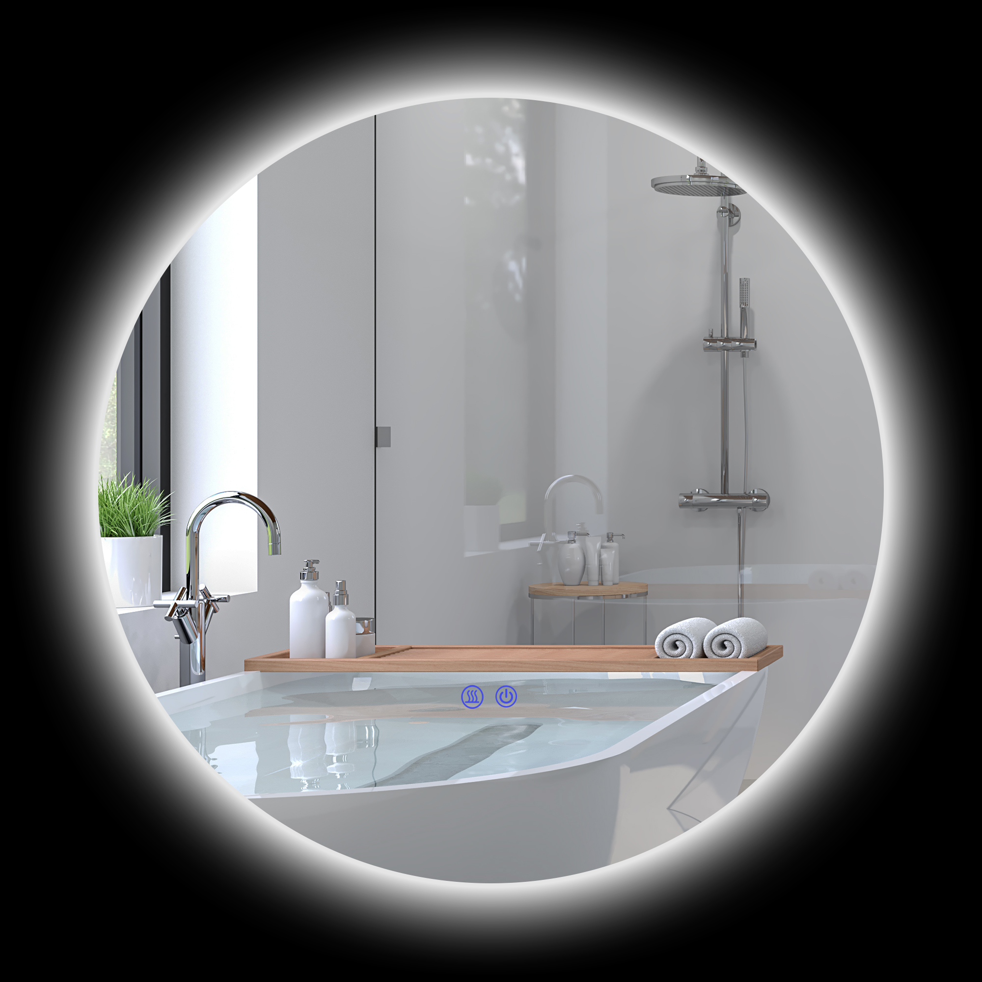 Vannitoa peegel, LED, värvimuutev, uduvastane, puutetundlik lüliti, IP44, Ø 60 cm, valge