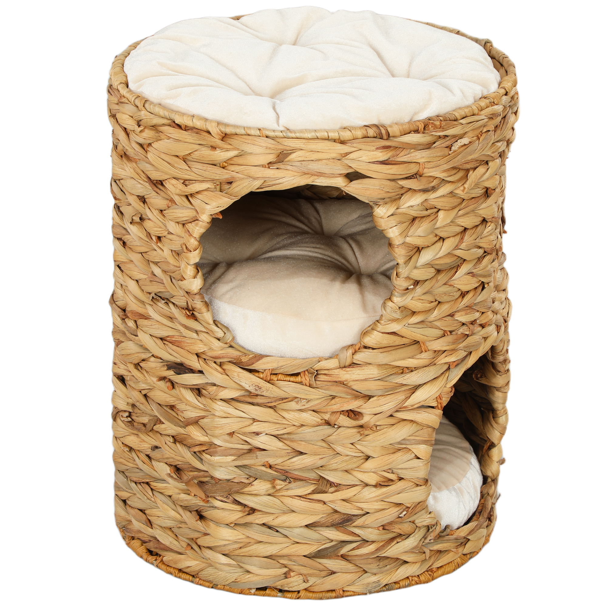 Kraapimistünn, 50 cm kõrge kassitünn 2 koopaga, kraapimispuu padjaga, vesihüatsindist kassitorn, kassile kuni 3,5 kg, helepruun