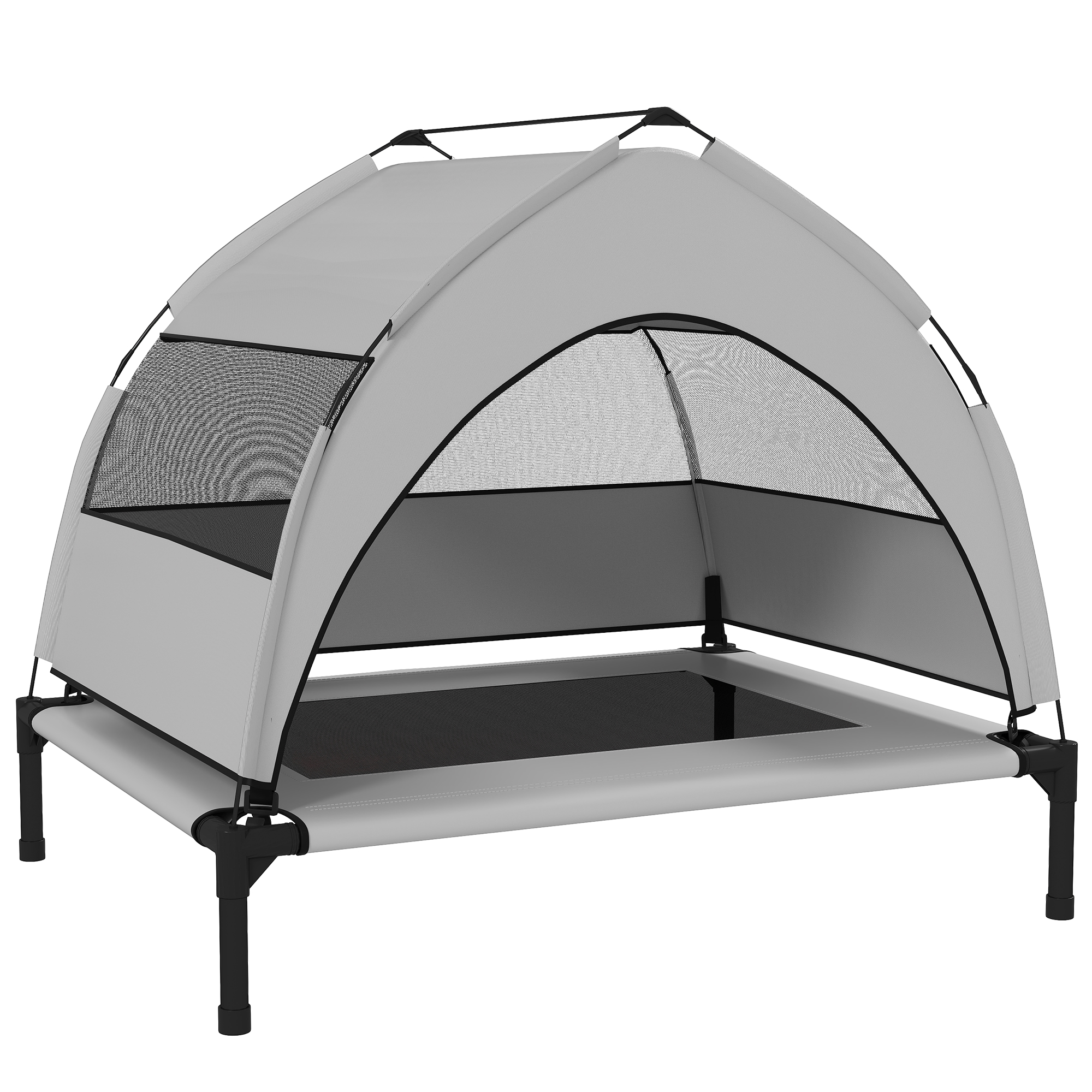 Kõrgendatud koeravoodi katusega õue, keskmise suurusega koertele, terasraamiga, 76x61x70cm, helehall