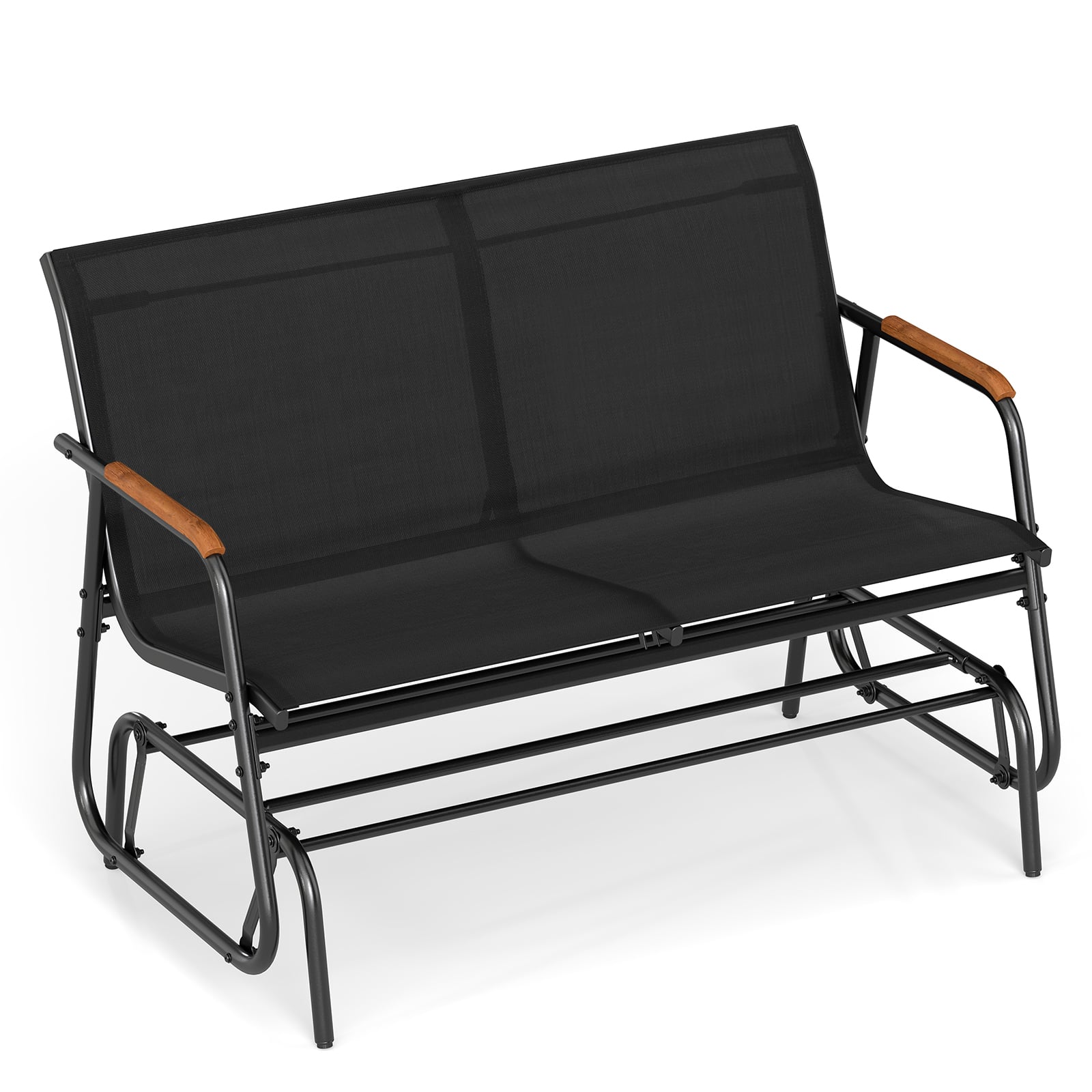 Kiikpink kahele inimesele, terrassipink kumerate tiikpuust käetugedega, must