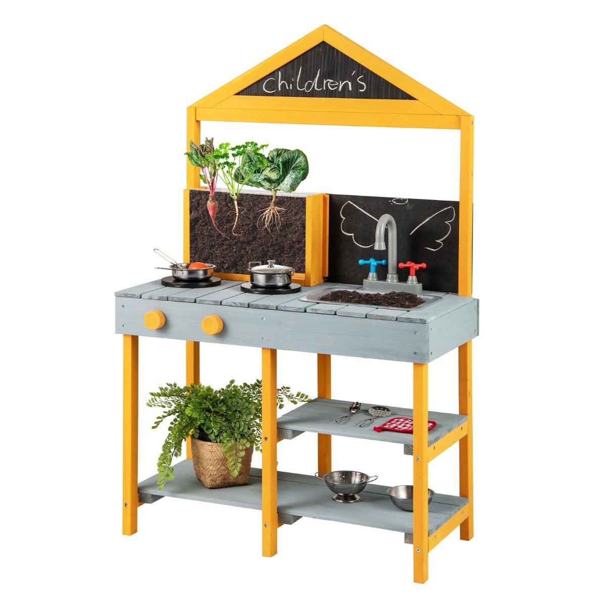 Laste väliköök kuusepuidust istutuskastiga 2 tahvlit kraan sinine