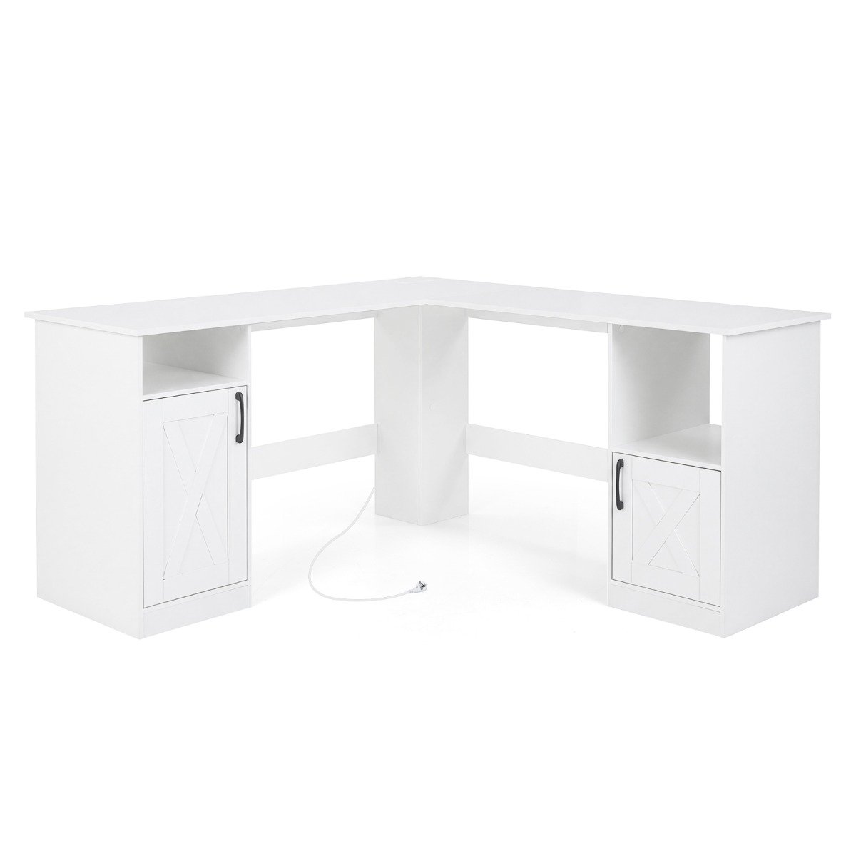 L-kujuline laud kahe kapi, laadimisjaama ja nelja avatud riiuliga, nurgalaud, kontorilaud, valge