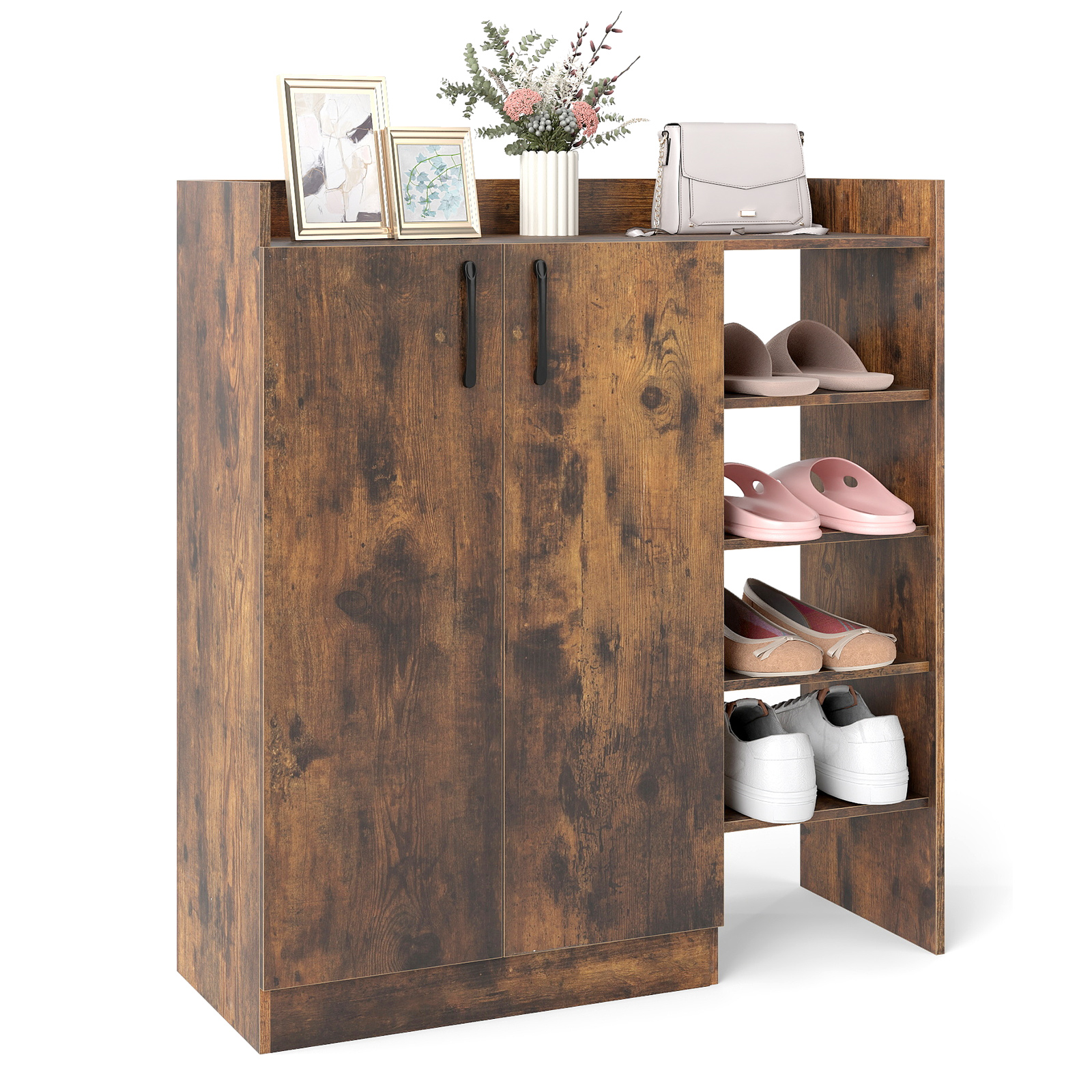 Jalanõudekapp 3 reguleeritava kõrgusega riiuliga, 2 uksega ja 5 avatud riiuliga, pruun