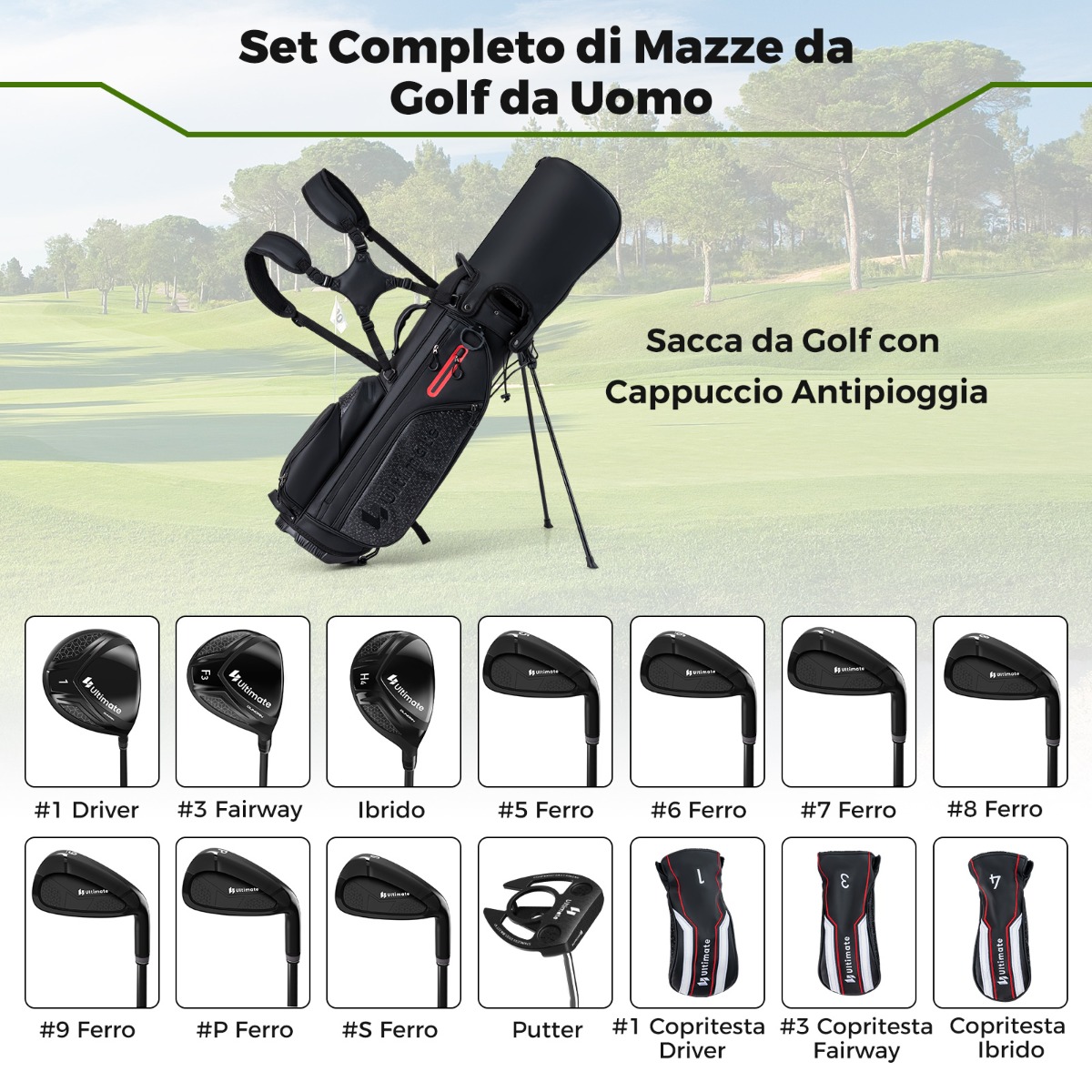 Meeste täielik golfikeppide komplekt koos kaasaskantava tugijalgadega golfikoti putteri ja vihmakattega must