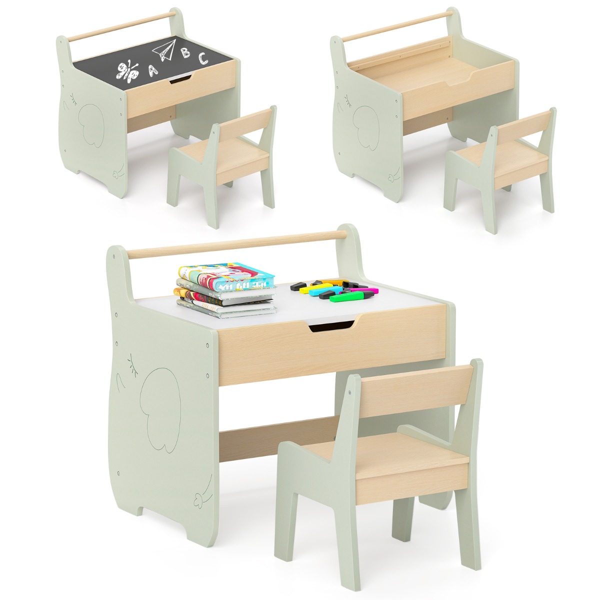 3-ühes laste istumiskomplekt puidust lastelaud tooliga laste joonistuslaud pööratava lauaplaadiga