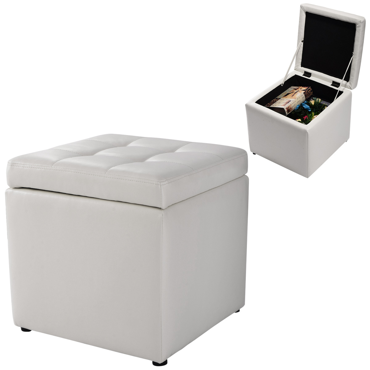 Kunstnahast taburet panipaigaga 300 kg kandevõime polsterdatud iste valge nahast taburet 40 x 40 x 40 cm