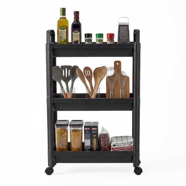 Õhuke rullkäruga kolmetasandiline vannitoakorraldaja käepidemete ja ratastega - must