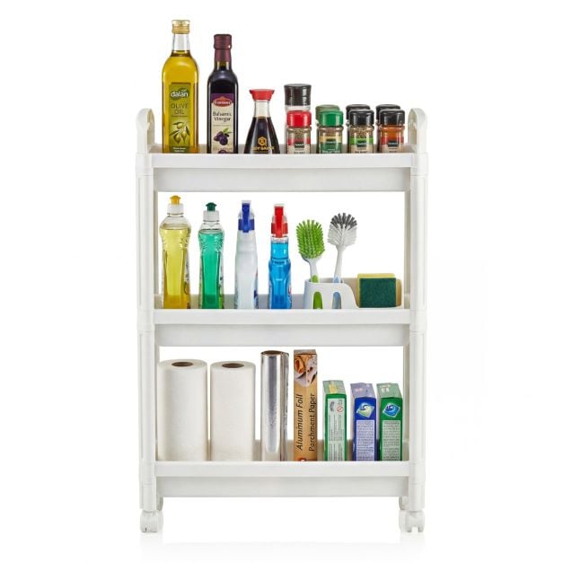 Õhuke rullkäruga kolmetasandiline vannitoa korraldaja käepidemete ja ratastega - valge