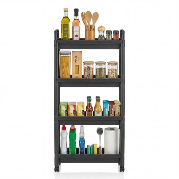 Õhuke rullkäru, 4-tasandiline vannitoa korraldaja käepidemetega - must