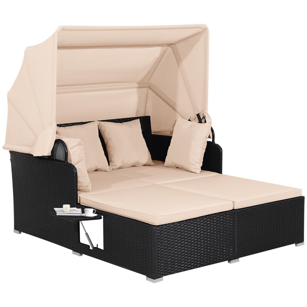 Rotangist päevitustool kahele inimesele, aiatool varikatuse, padja ja lahtikäivate külglaudadega, kollane