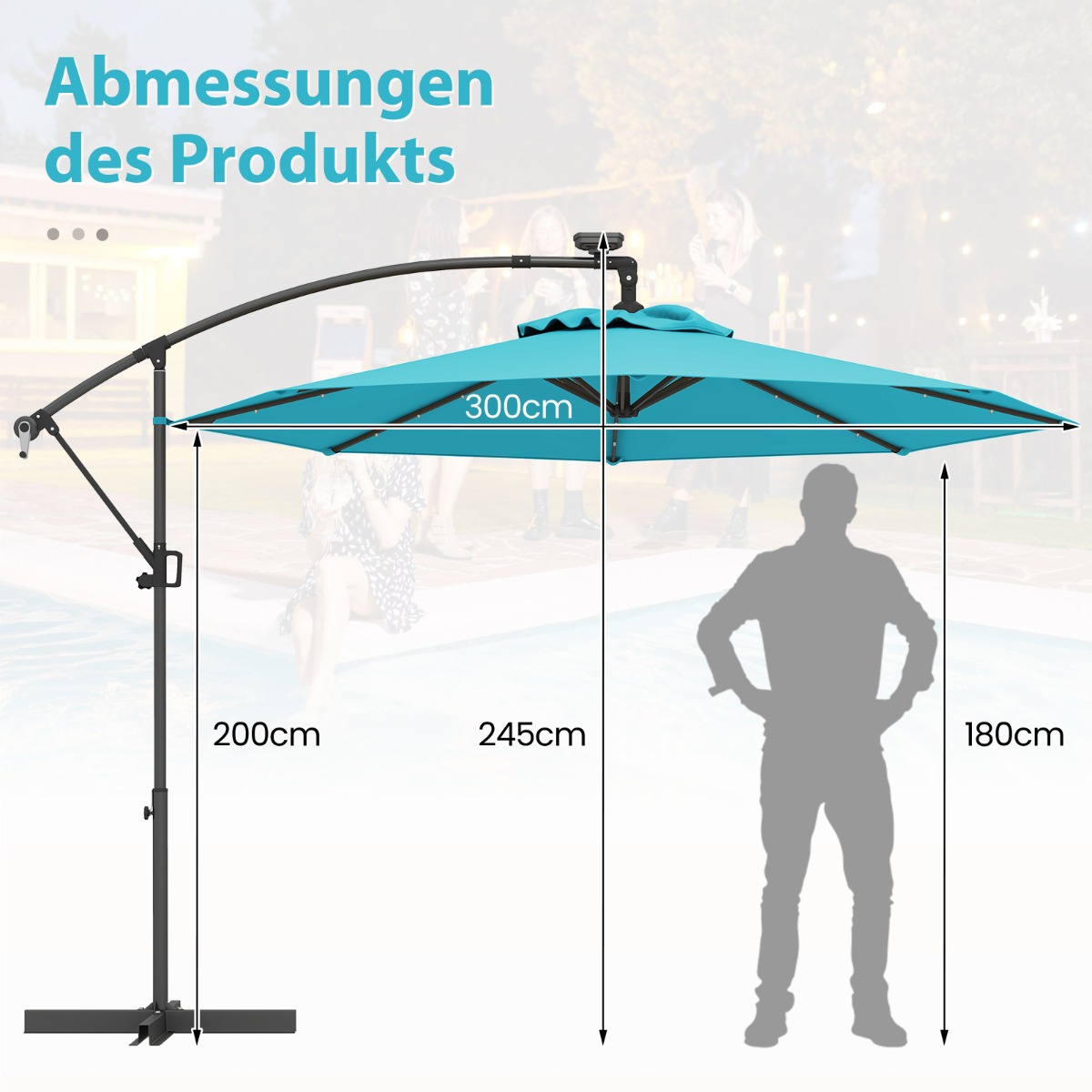 300 cm päikesevari 32 päikese-led-lambiga vändaga aiavari turuvari türkiis