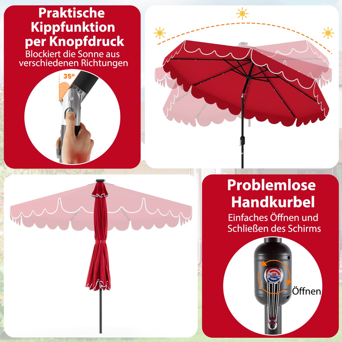 Päikesepatareiga LED-valgustuse vända ja rippuva kangaäärega ümmargune aiapäikesevari (diameeter 300 cm) punane