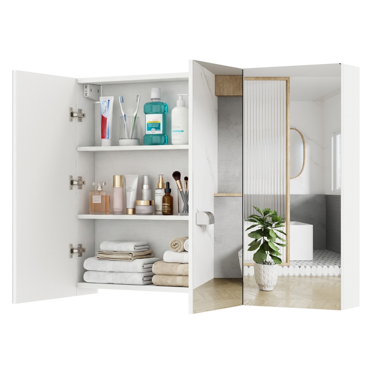 87 cm seinale kinnitatav peegelkapp 3 uksega, sisseehitatud vannitoa peegelkapp 6 sektsiooniga, valge