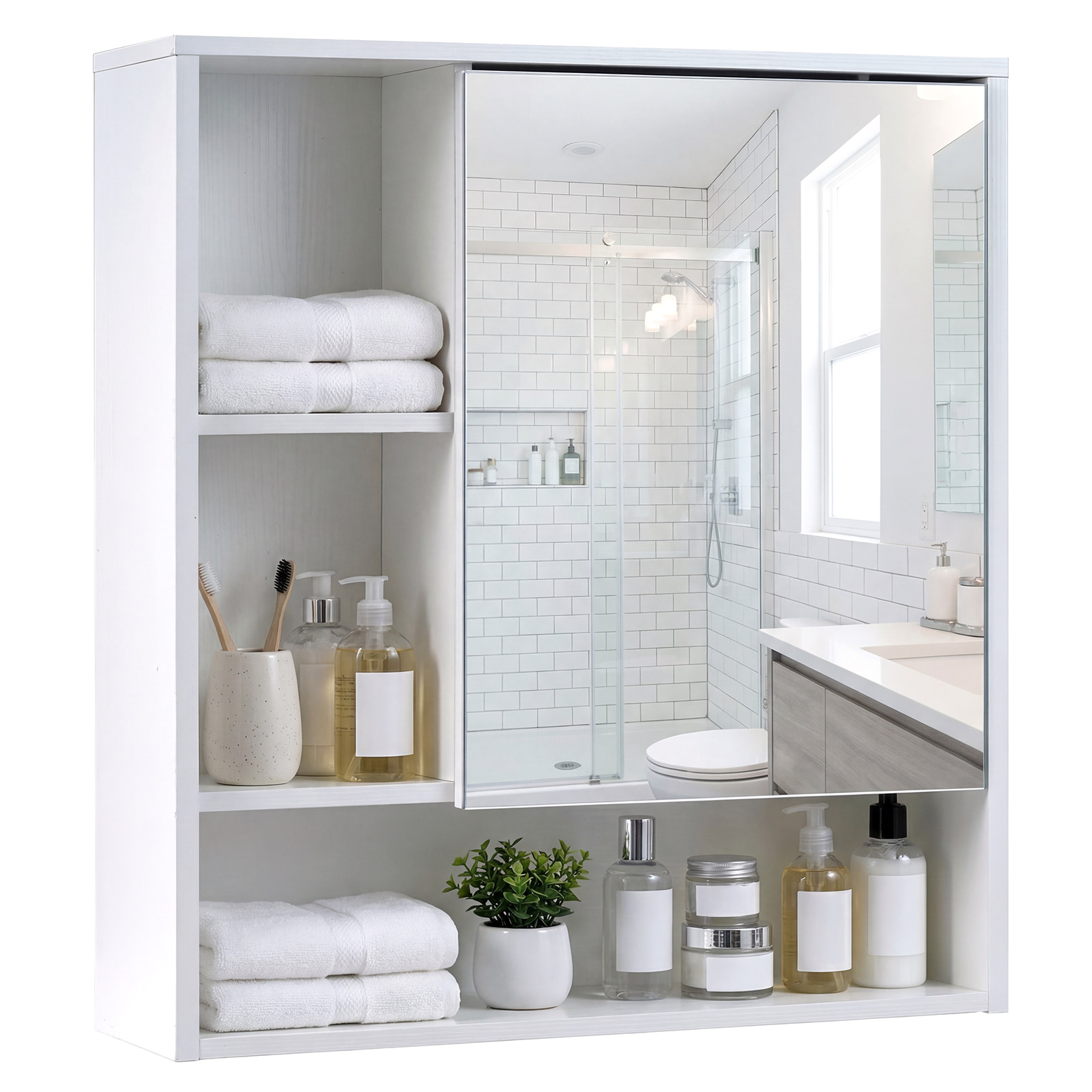 Peegelkapp peegeluku ja 3 avatud riiuliga, seinakapp, valge