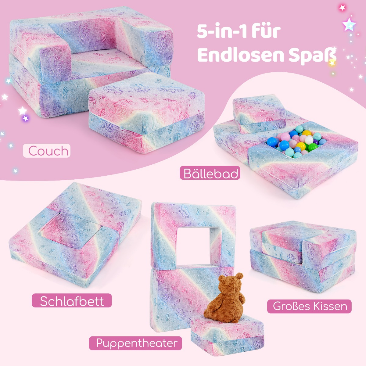 Modulaarne laste diivan pimedas helendav mängudiivan moduldiivan värviline 71 x 53 x 345 cm