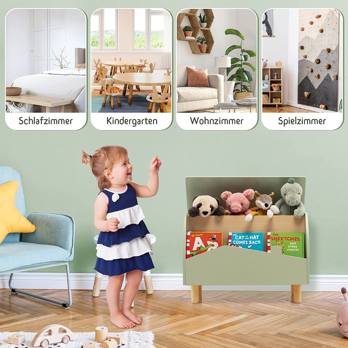 Mänguasjakast puidust panipaik koos riiuliga laste mänguasjadele roheline