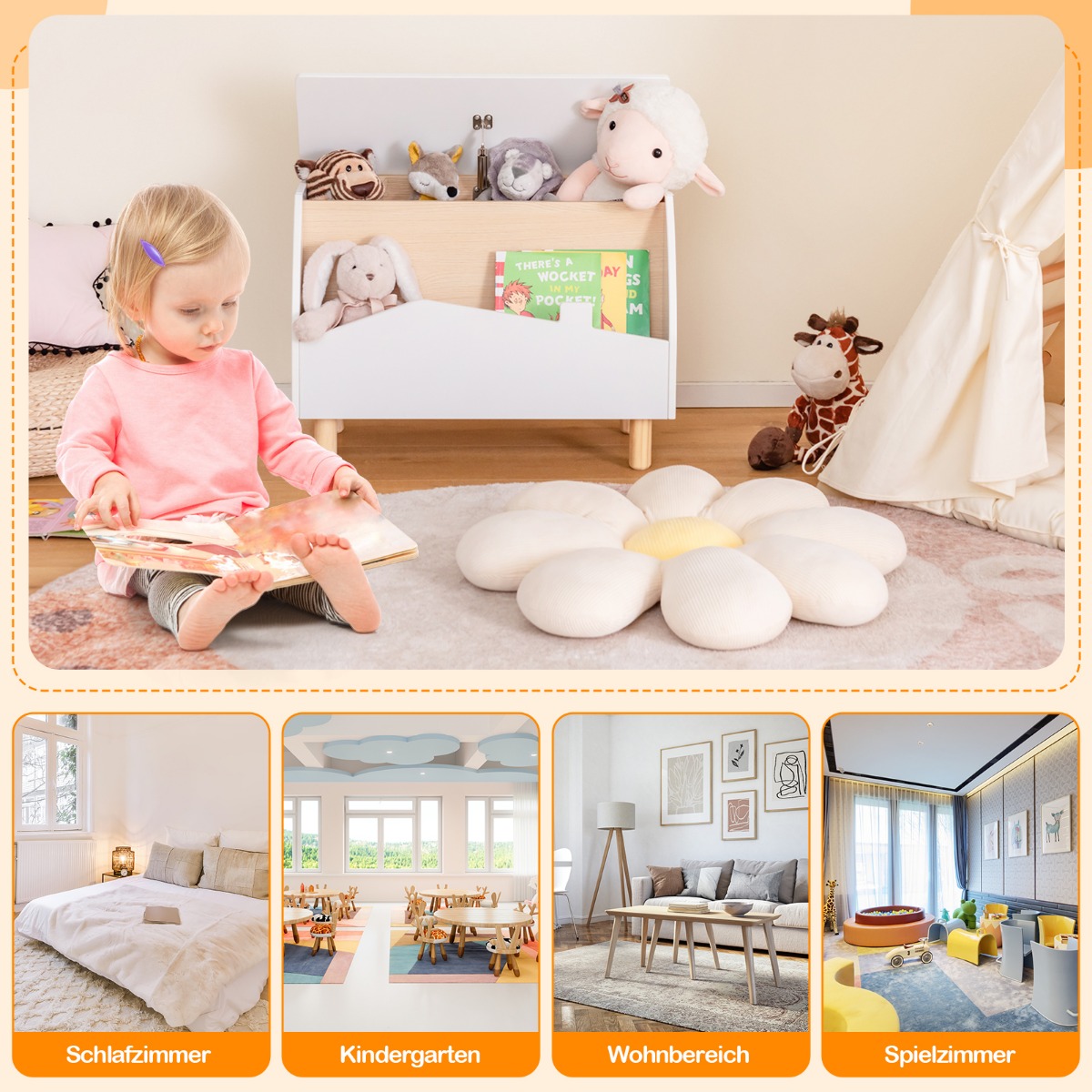 Puidust mänguasjakast riiuliga, hingedega kaanega mängukast, 60 x 30 x 44 cm, valge