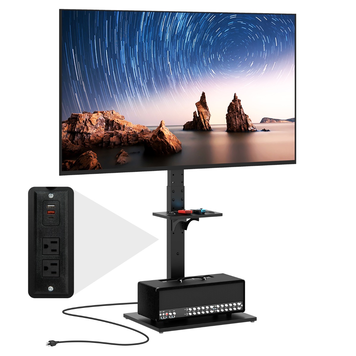 Teleri alus 32-70 tollistele lame- ja kumeratele teleritele kuni 45 kg teleri jalad 108-132 cm kõrguse reguleerimisega 2 pistikupesa ja usb-type c