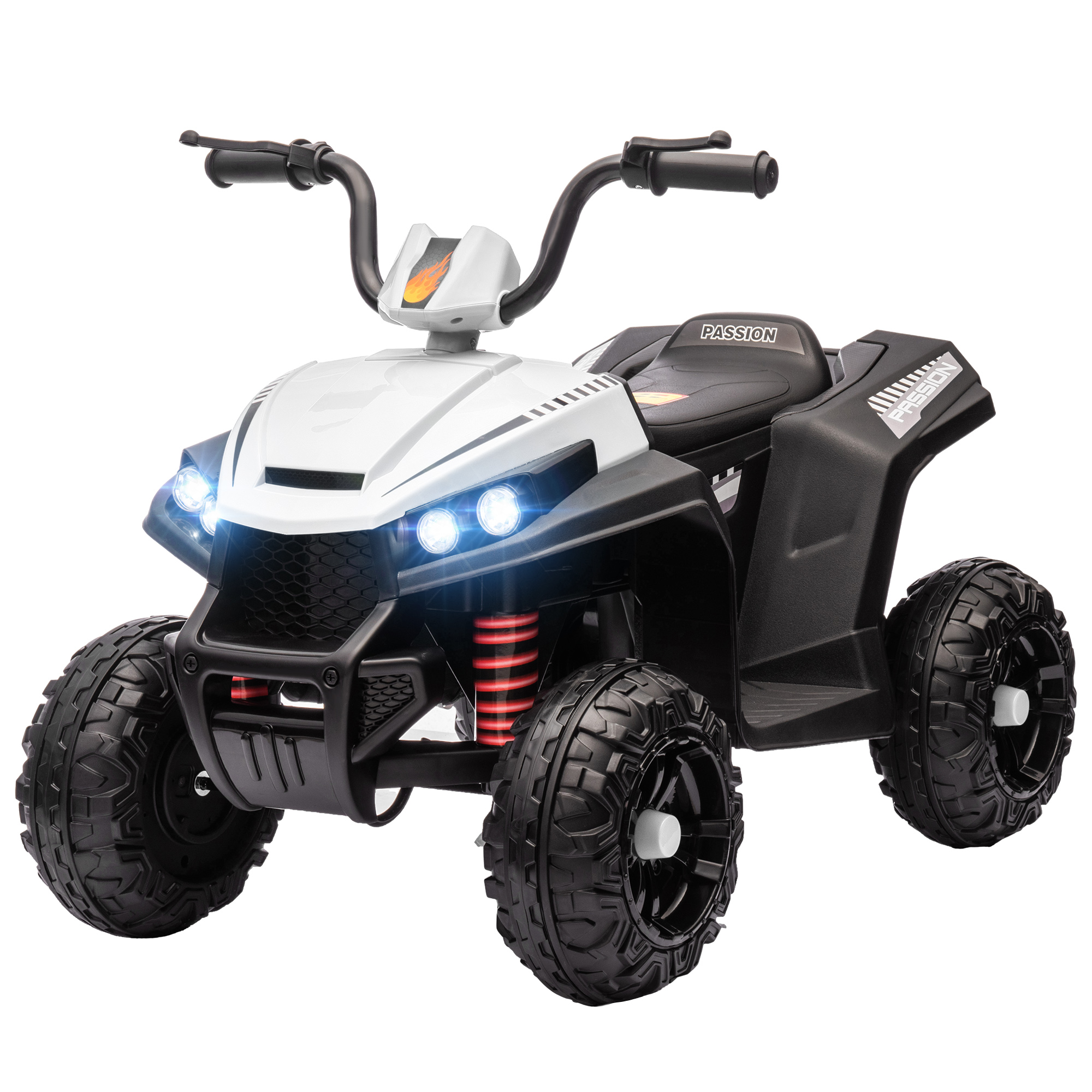 Elektriline laste ATV, tuled ja muusika, vedrustus, 5 km/h, 50 minutit sõiduaega, 3-5 aastat, valge