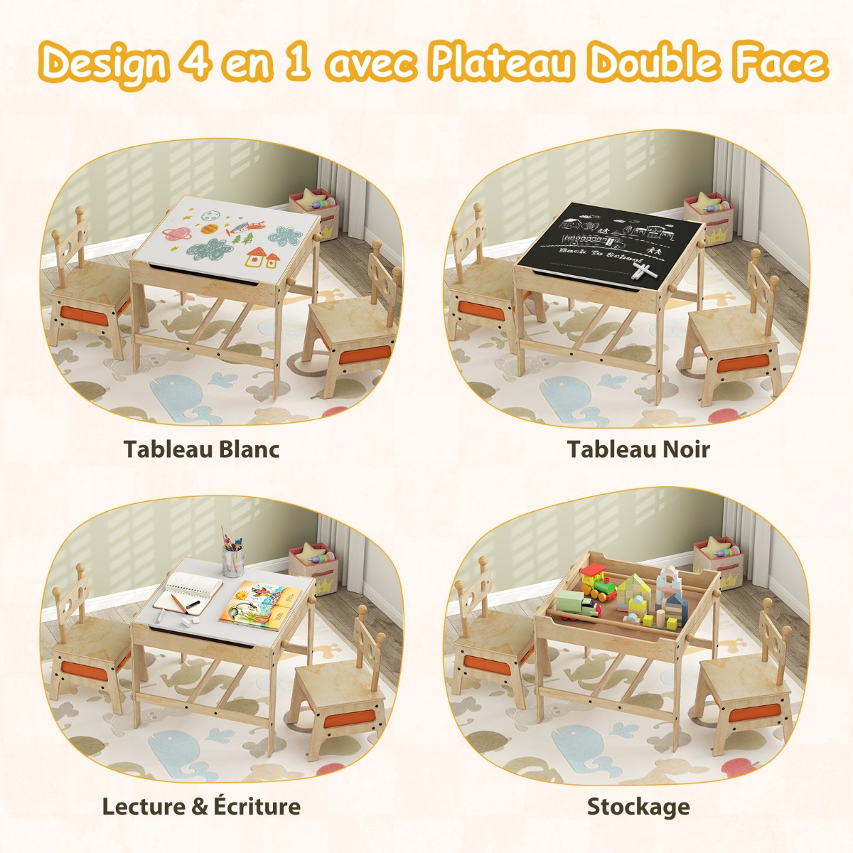 Laste laud ja toolid 4-ühes tegevuskomplekt pööratava lauapinnaga (robot-kujuline)