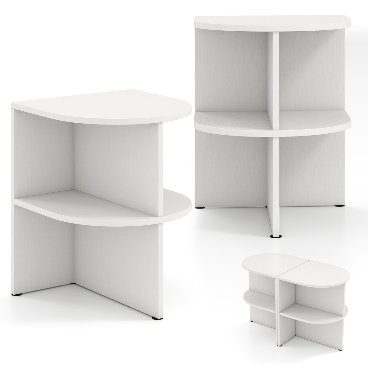 Poolringikujulised kahetasandilised abilauad ja avatud riiulitega kuukujulised öökapid (2 tk komplekt, 38x38x48,5 cm), valge
