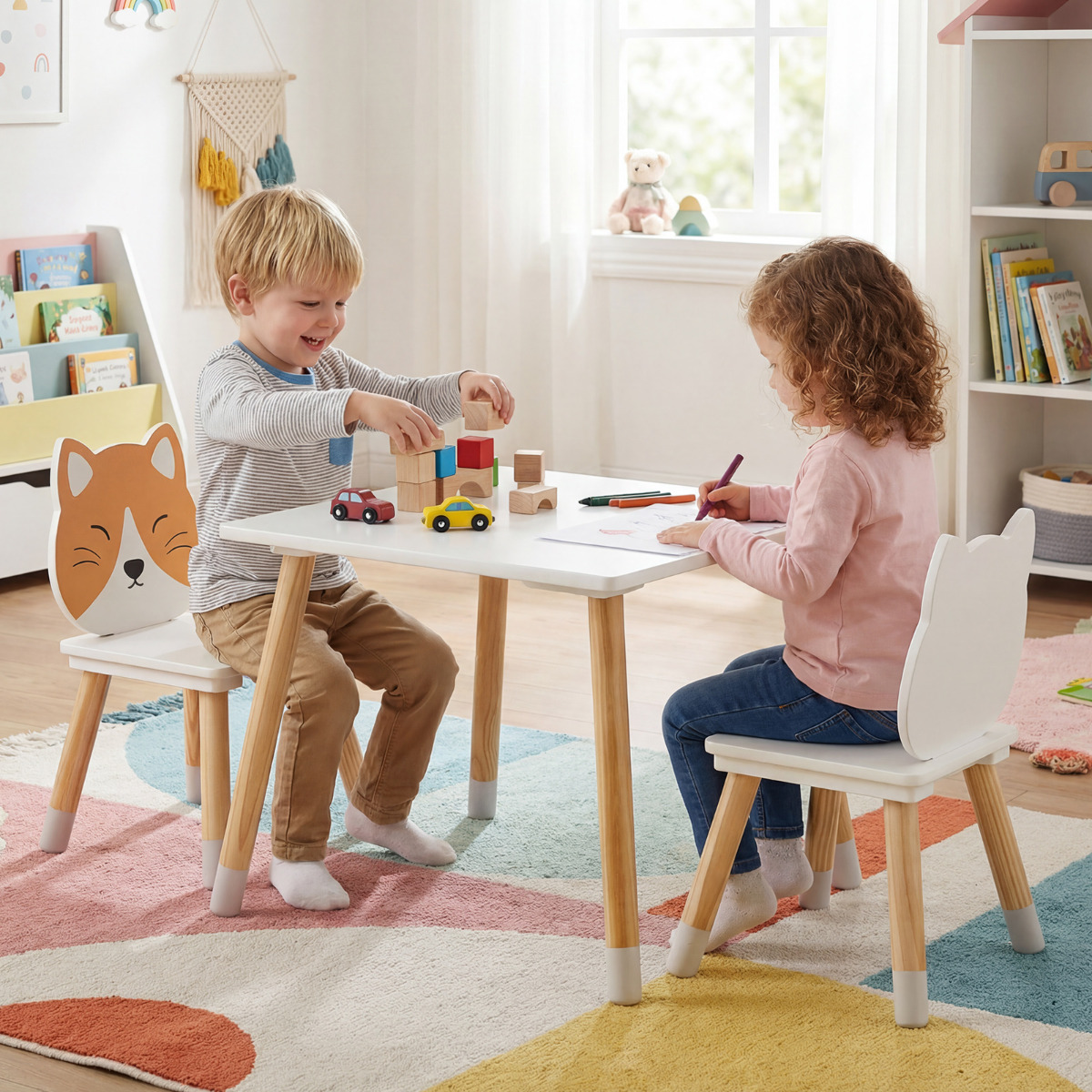 Laste laua ja tooli komplekt, kassikujuline puidust laud ja toolid klassiruumi, lastetuppa, koju, valge + naturaalne